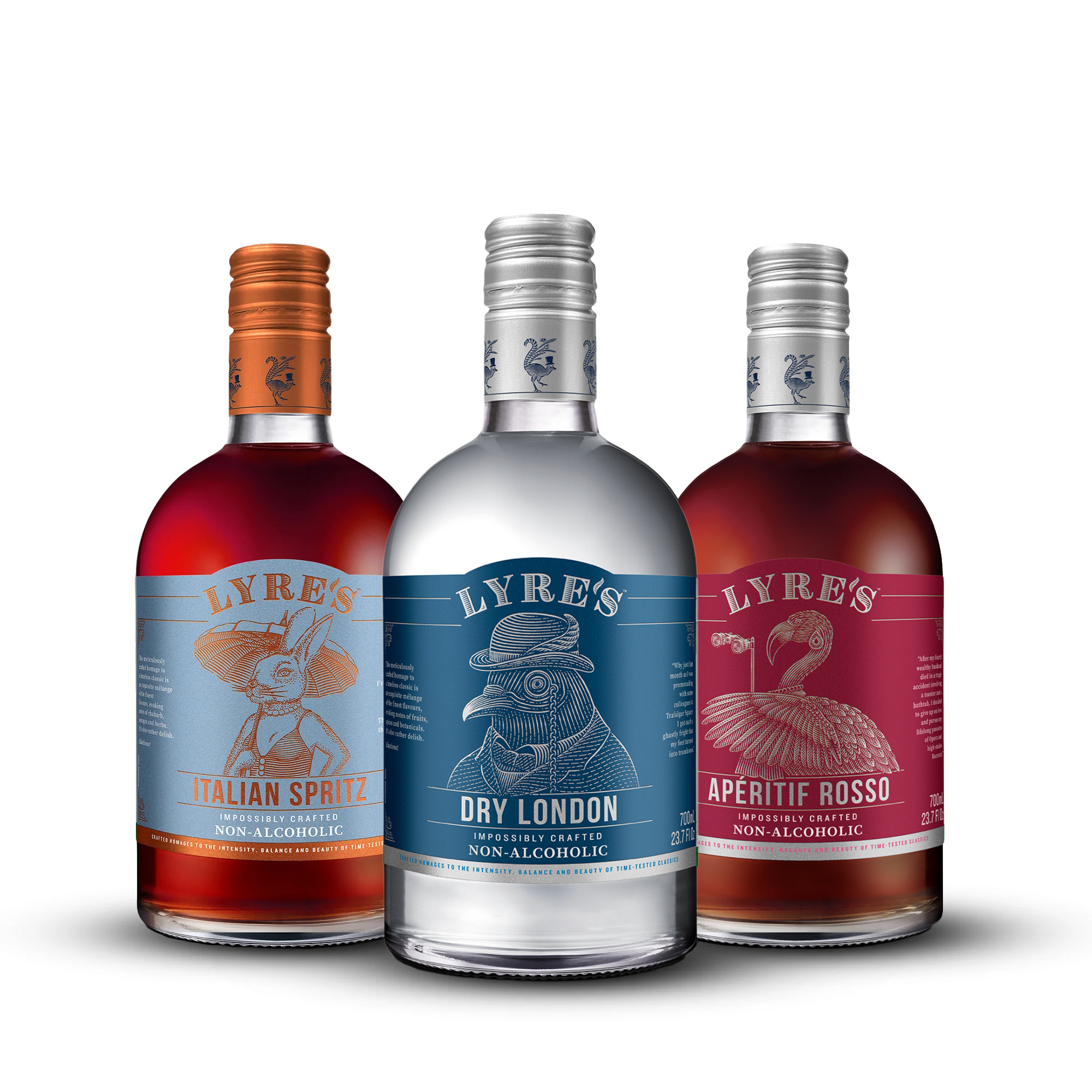 Three bottles of Lyre's non-alcoholic spirits on a white background