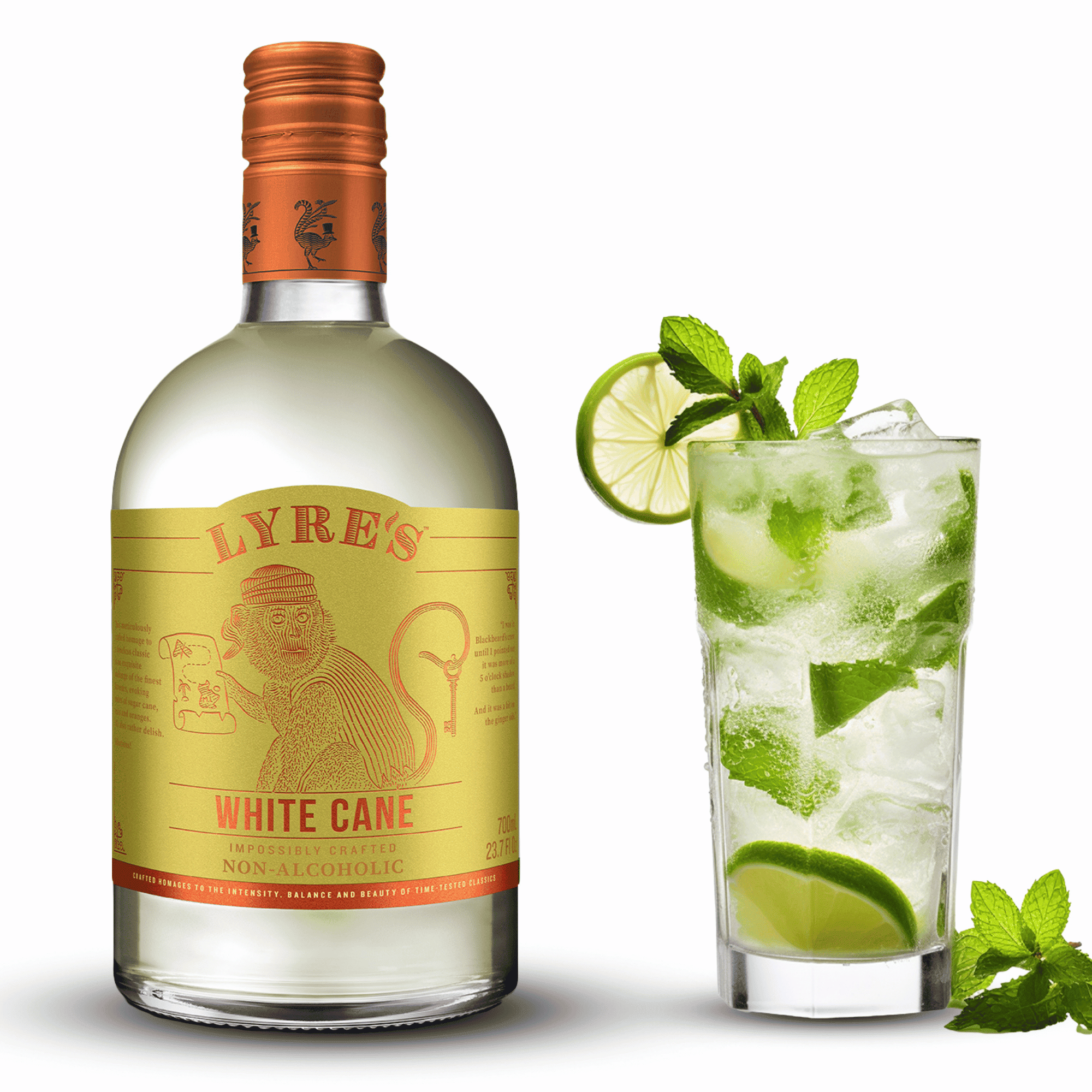 Lyres White Cane non-alcoholic drink bottle with a glass of lime and mint cocktail on a white background