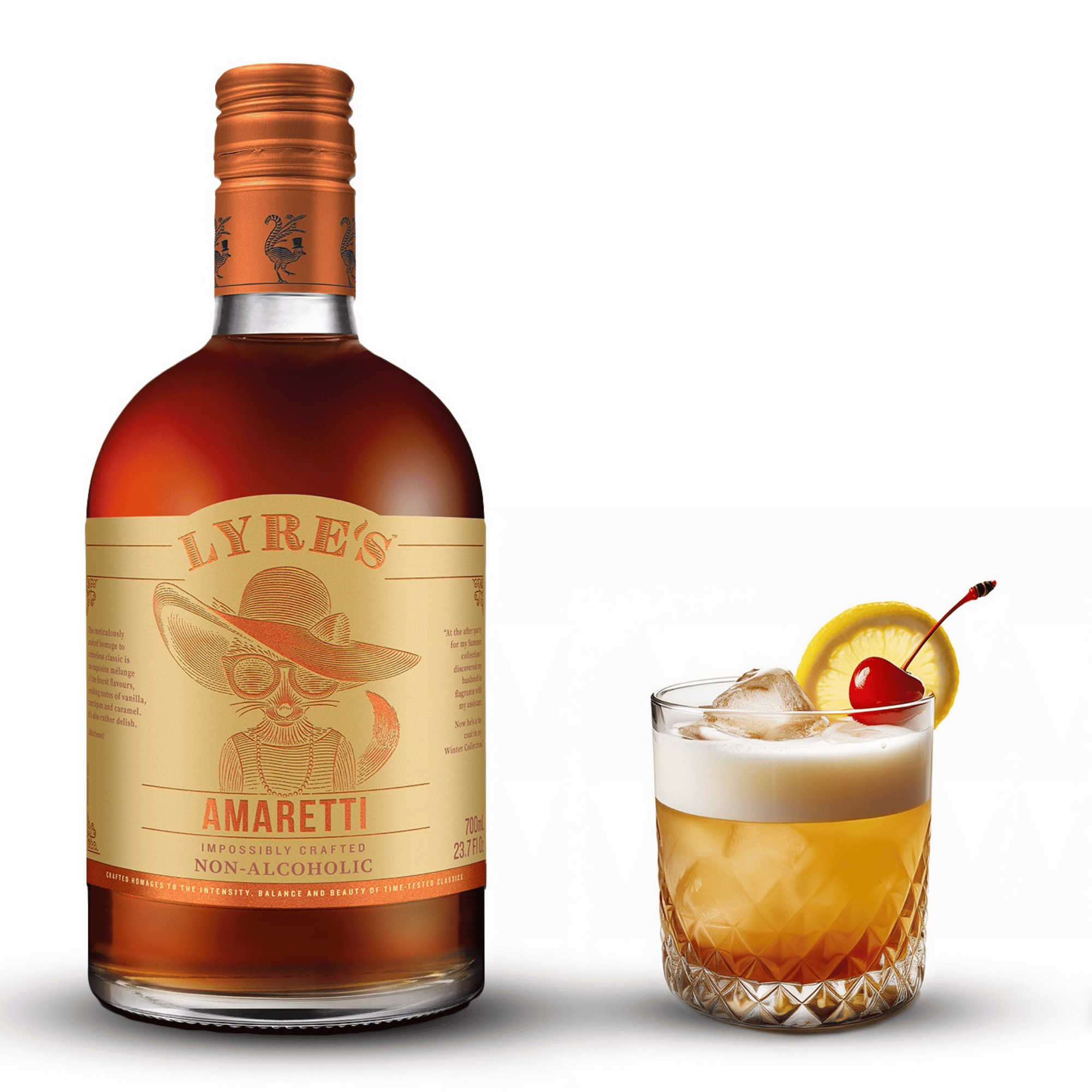 Bottle of Lyre's Amaretti non-alcoholic next to a glass with a Amaretti Sour cocktail.