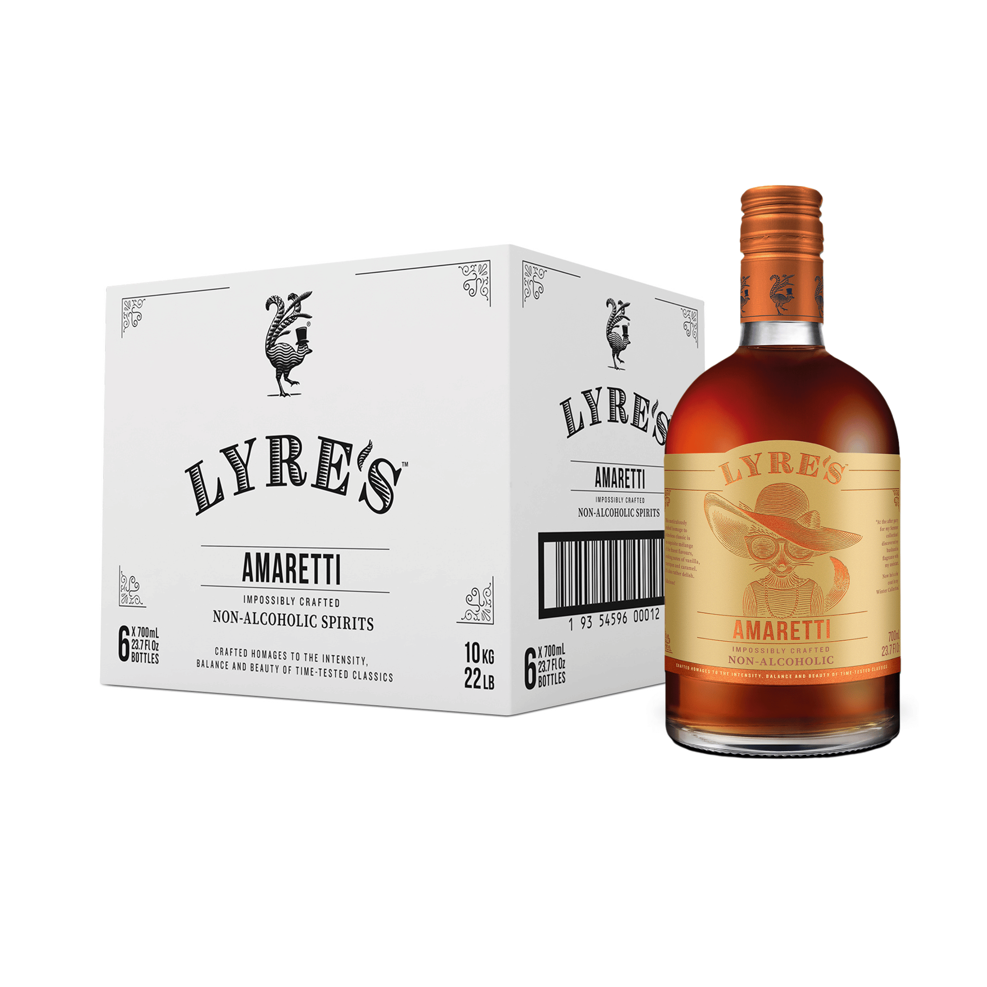 Lyre's Amaretti non-alcoholic spirits bottle and box on a white background