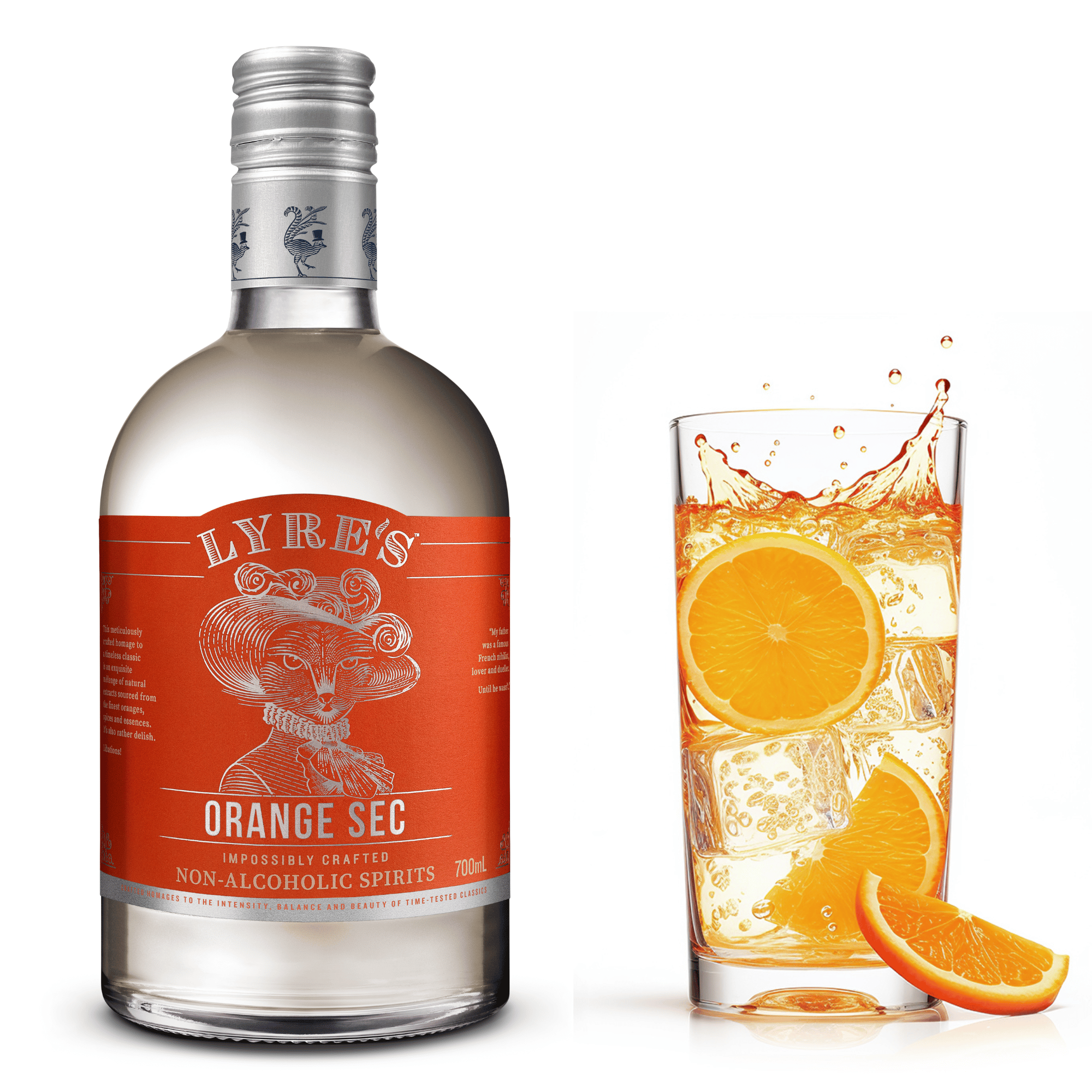 Lyre's Orange Sec bottle with a glass of orange-sliced non-alcoholic Orange Sec and tonic on a white background