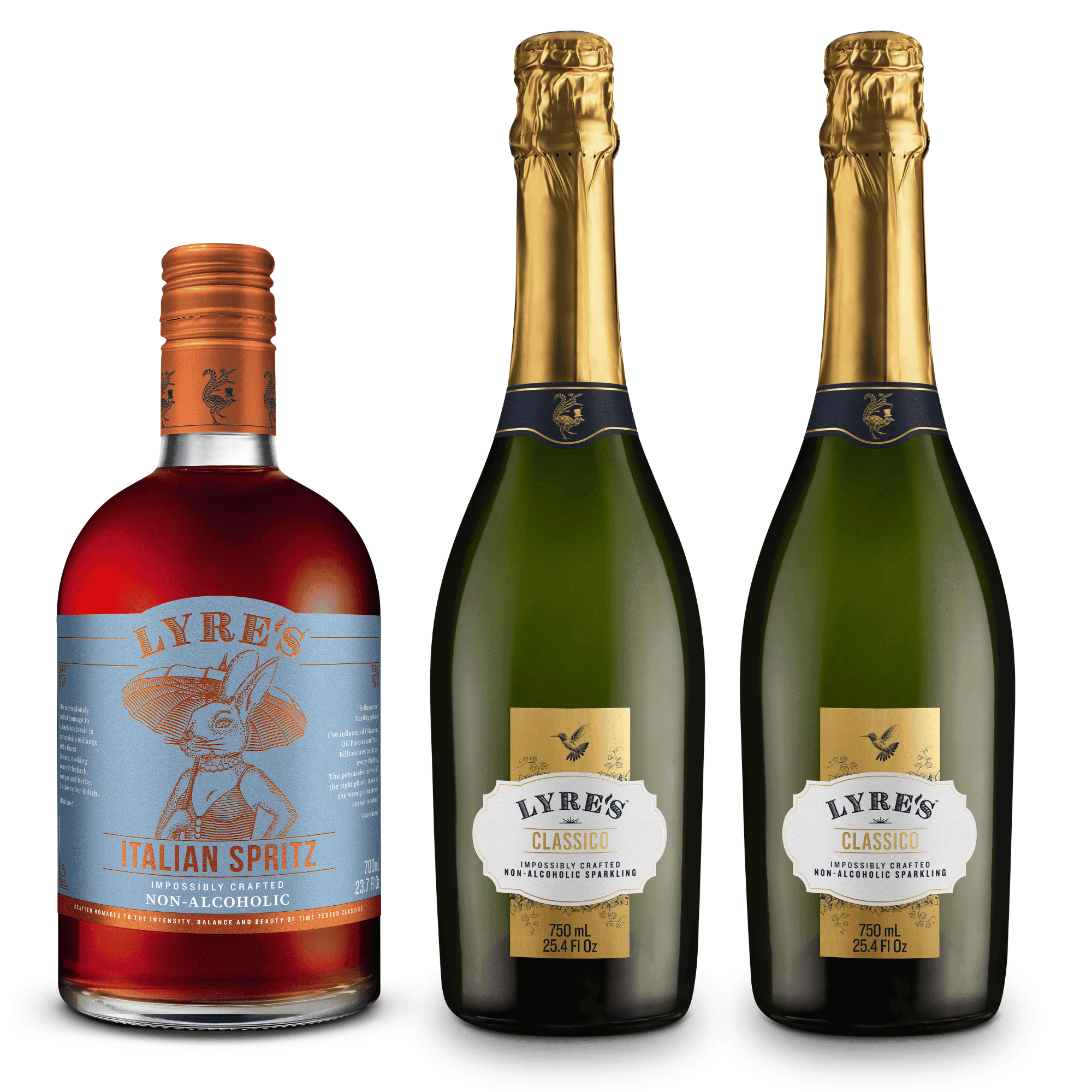 Two bottles of Lyre's Classico non-alcoholic sparkling with a bottle of non alcoholic Italian Spritz to the left hand side on a white background.