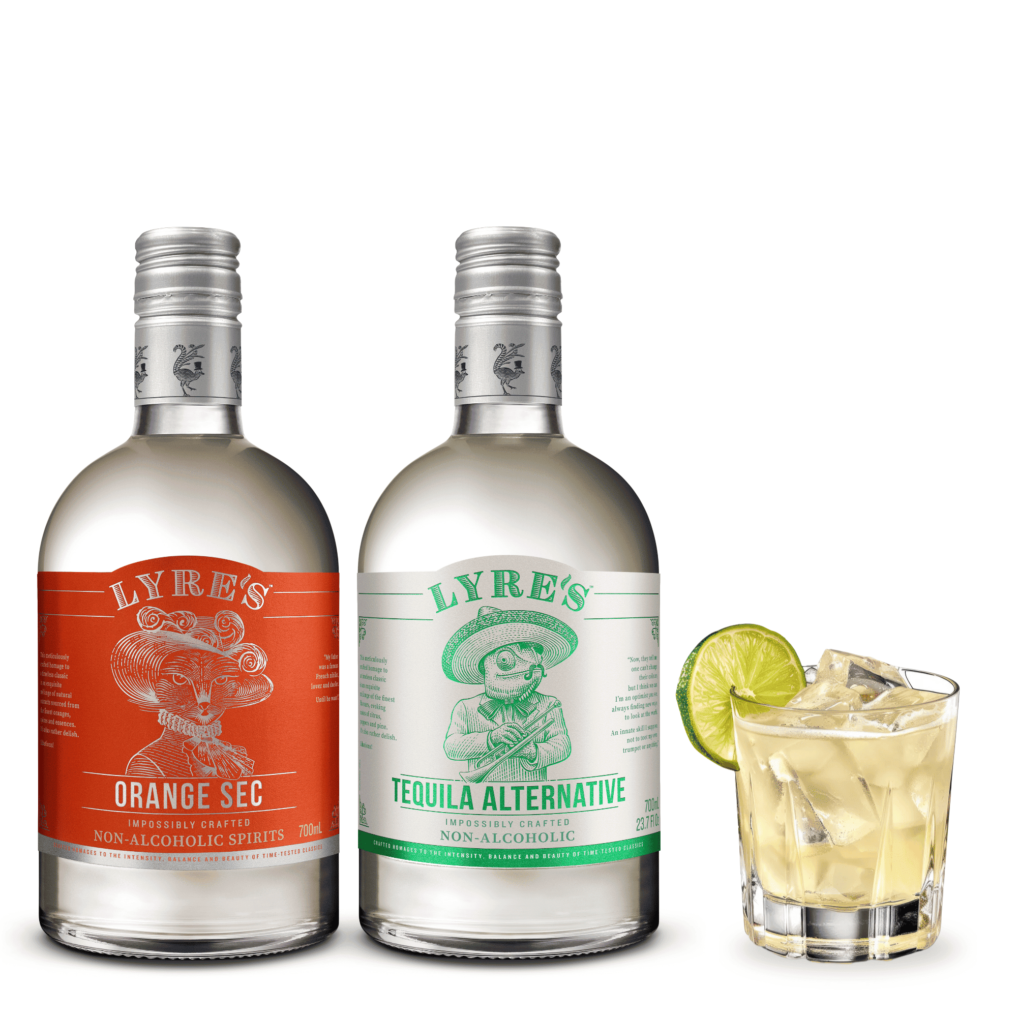 Two bottles of Lyre's non-alcoholic spirits with a cocktail in the foreground on a white background.