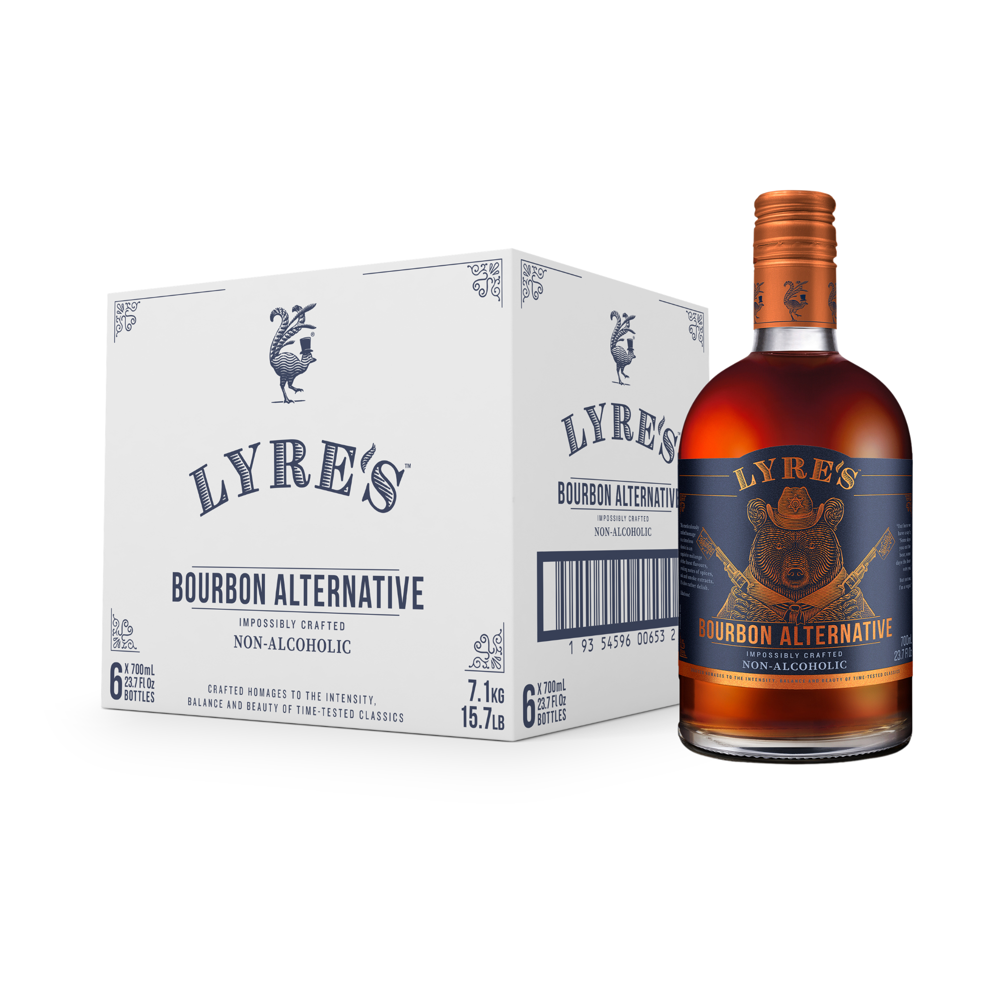 Lyre's Bourbon Alternative non-alcoholic bottle and box on a white background