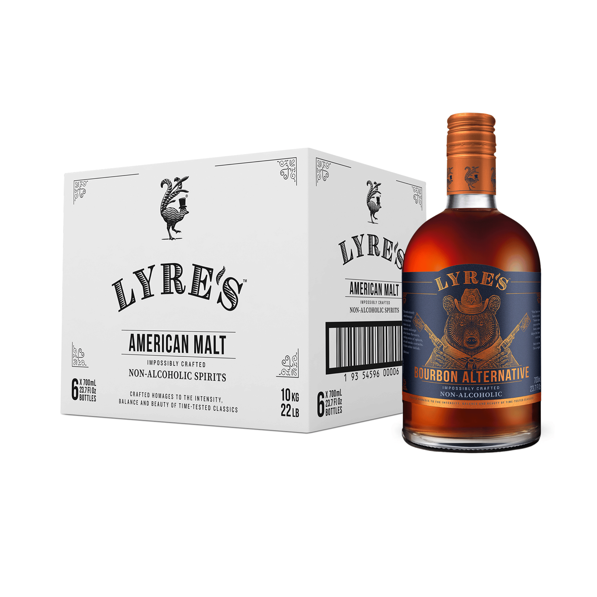 Lyre's American Malt non-alcoholic spirits bottle and box on a white background