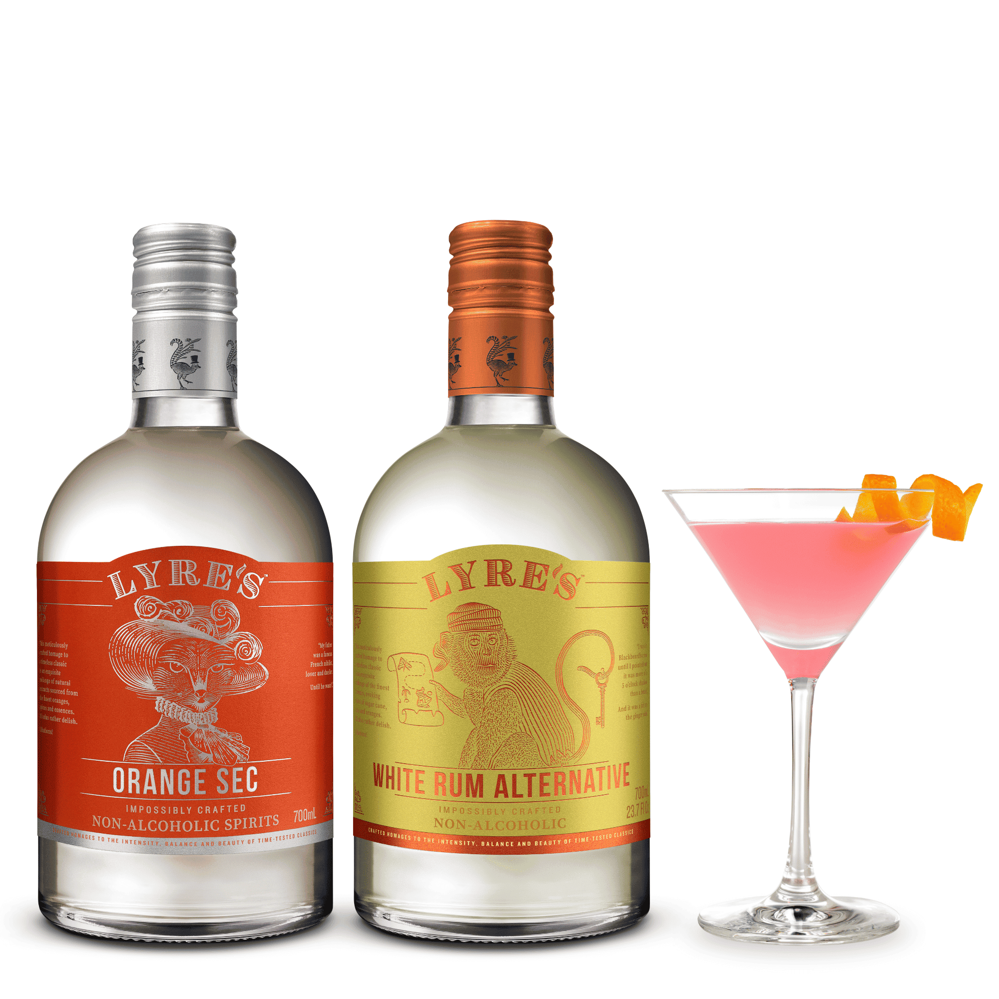 Two bottles of Lyre's non-alcoholic spirits with a cocktail in the foreground on a white background.