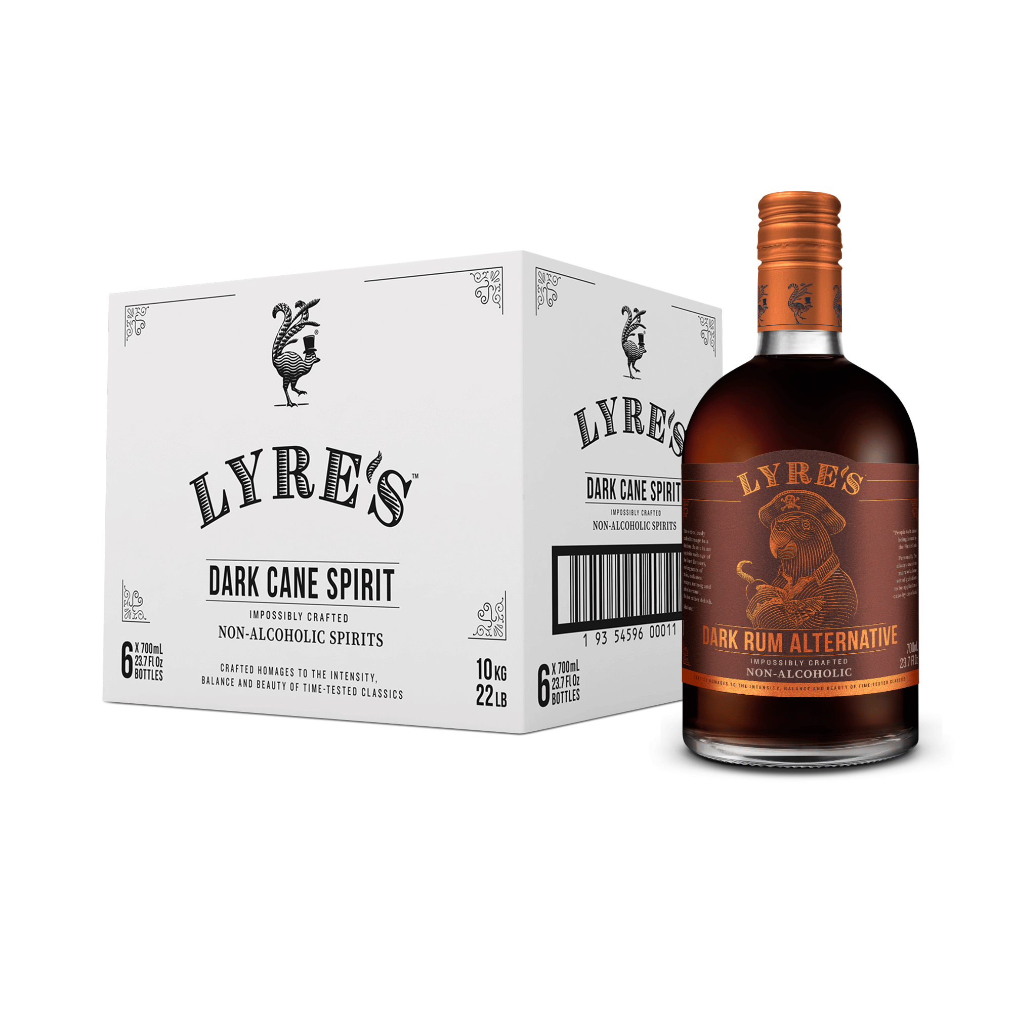 Lyre's Dark Rum Alternative bottle and packaging on a white background