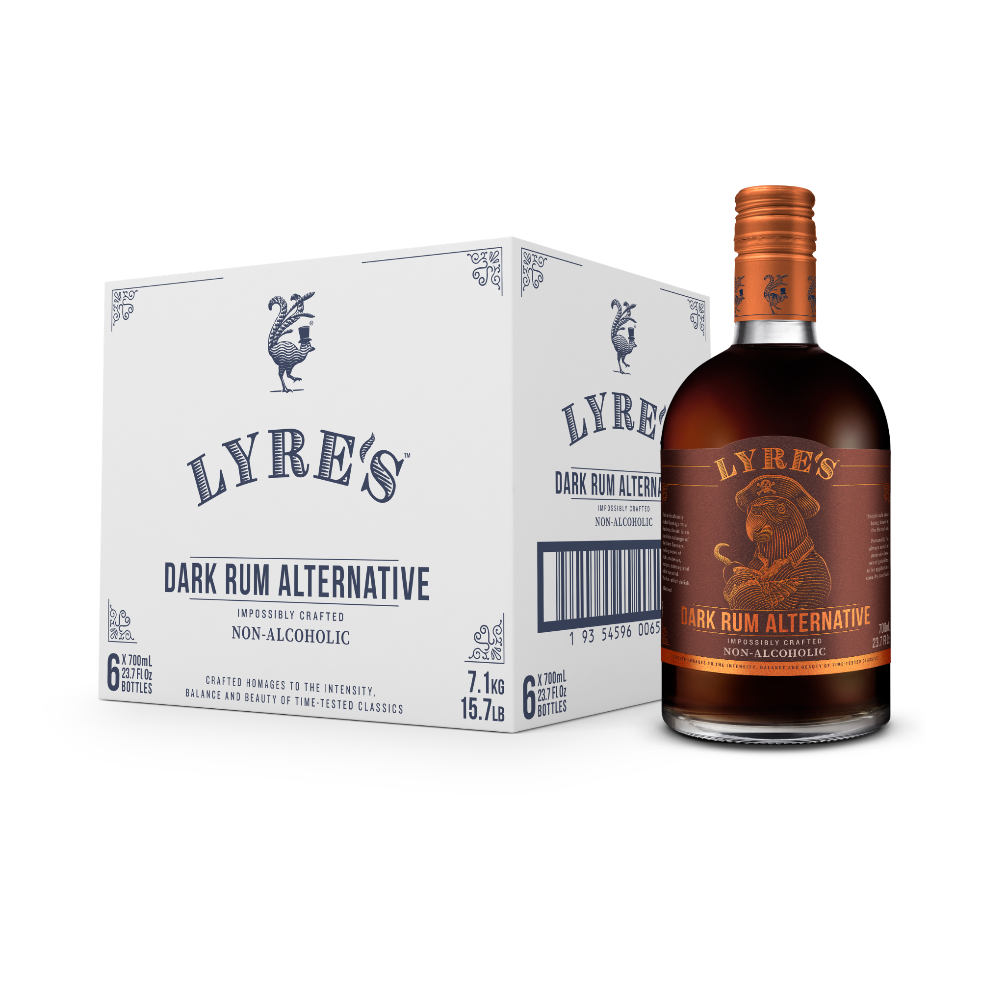 Lyre's Dark Rum Alternative bottle and packaging on a white background