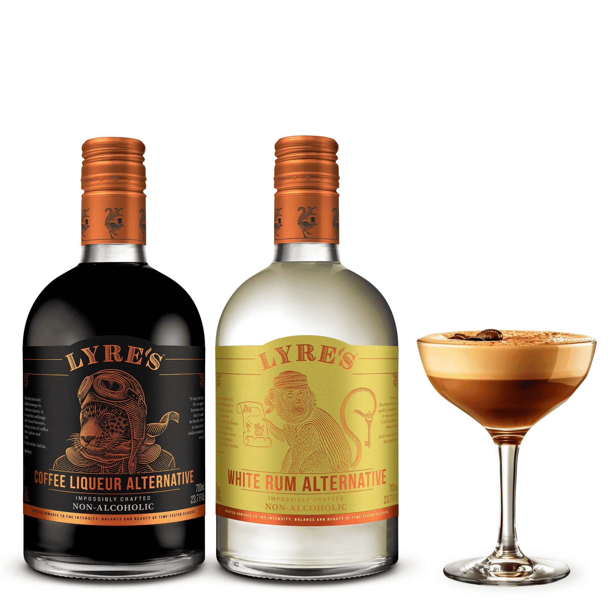 Two bottles of Lyre's non-alcoholic spirits with a cocktail in the foreground on a white background.