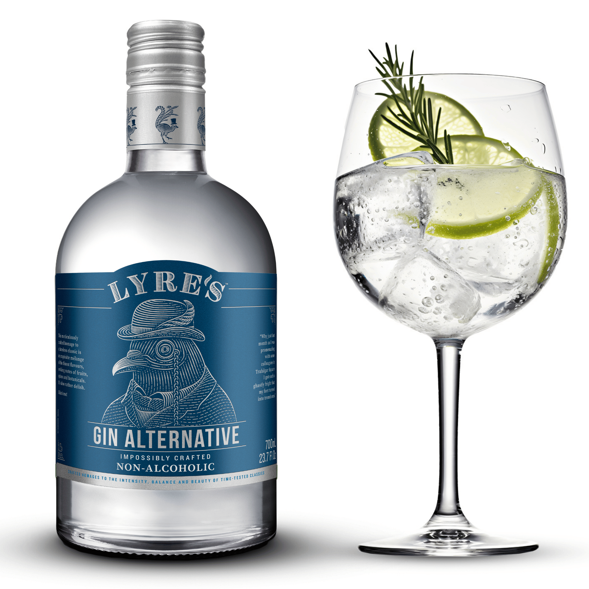 Lyre's Gin Alternative with a glass of non-alcoholic gin and tonic on a white background