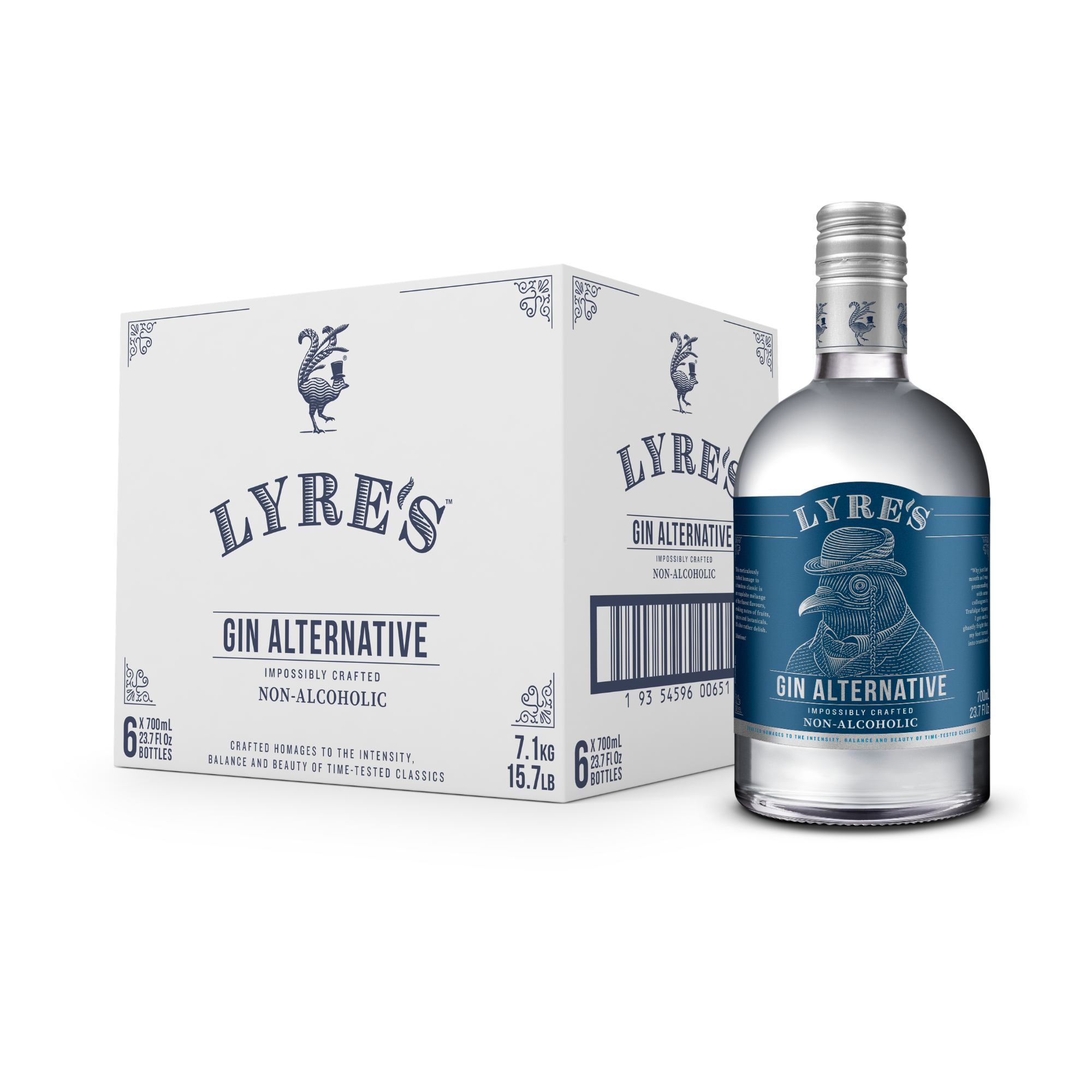 Lyre's Gin Alternative bottle and packaging on a white background