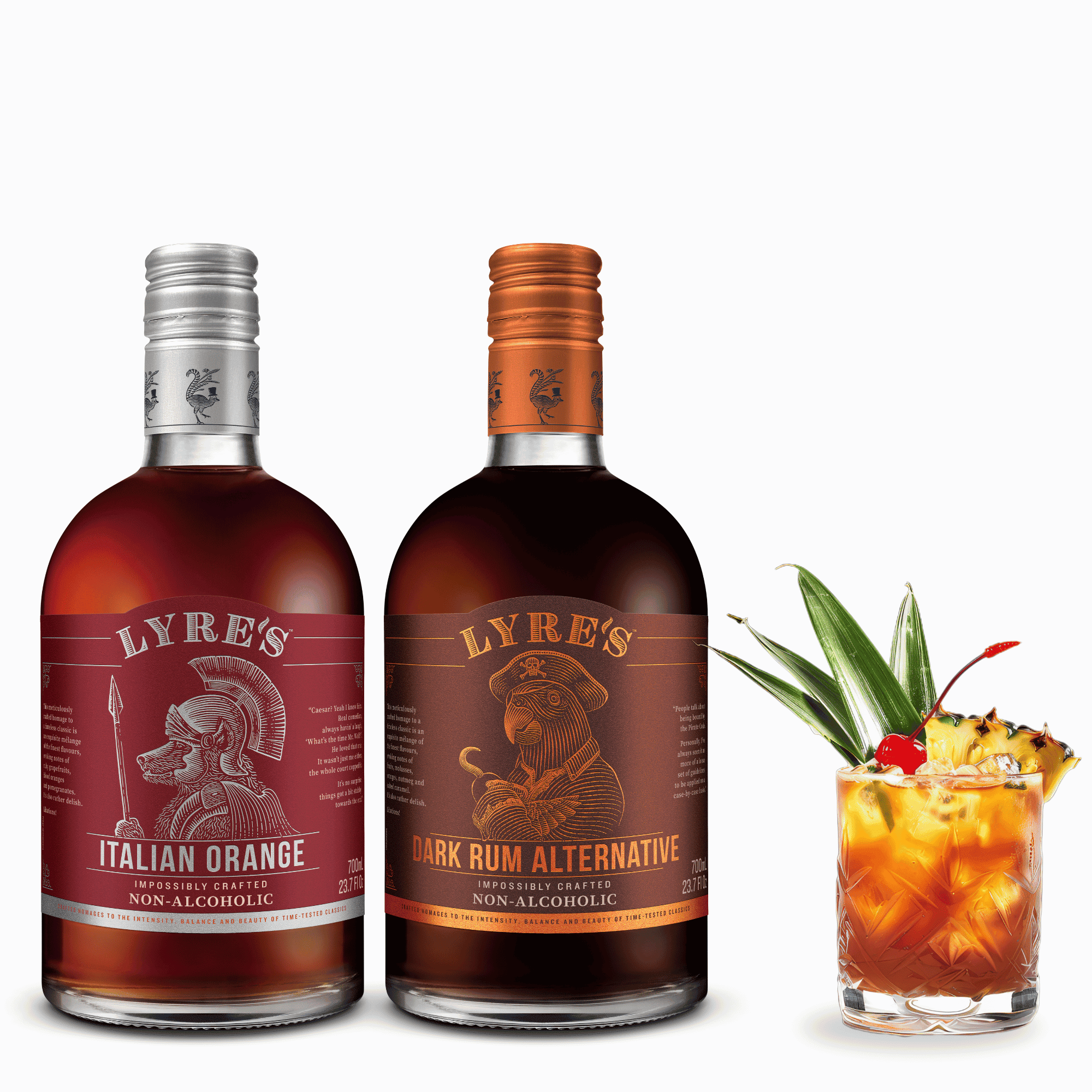 Two bottles of Lyre's non-alcoholic spirits with a cocktail in the foreground on a white background.