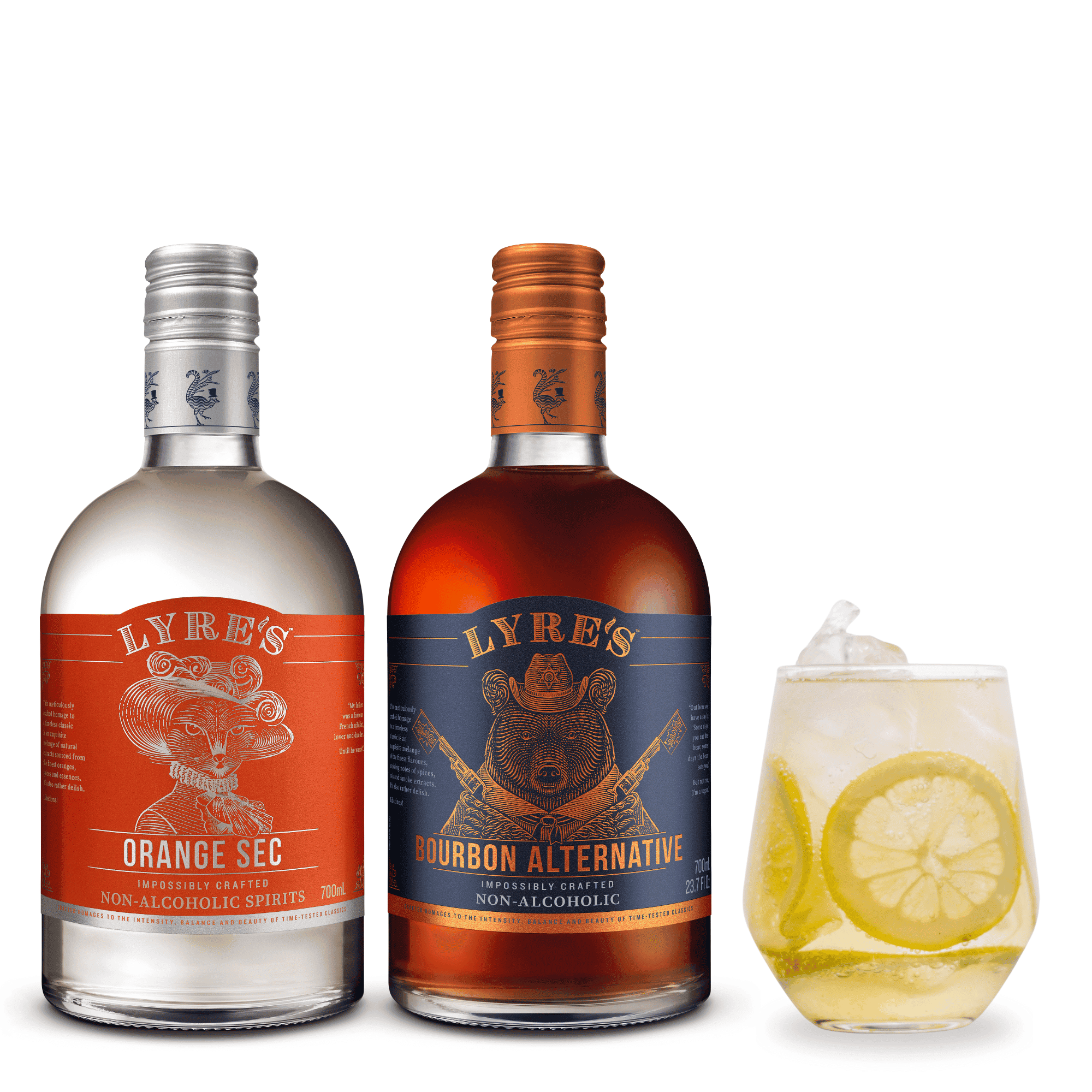 Two bottles of Lyre's non-alcoholic spirits with a cocktail in the foreground on a white background.