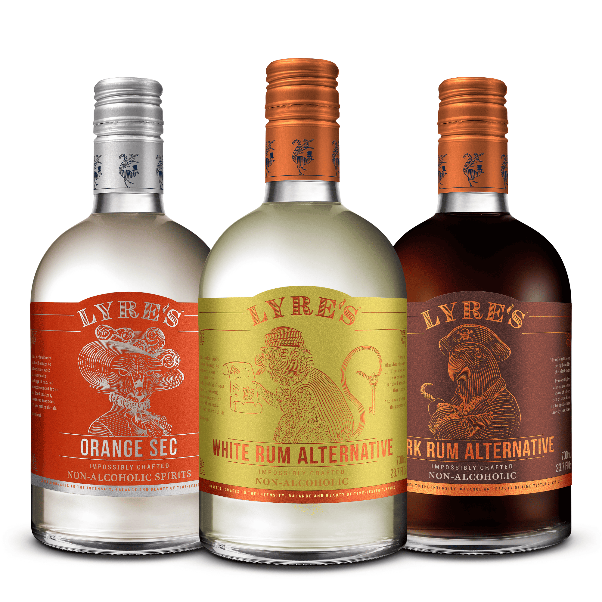 Mai Tai set consisting of three bottles of Lyre's non-alcoholic spirits on a white background