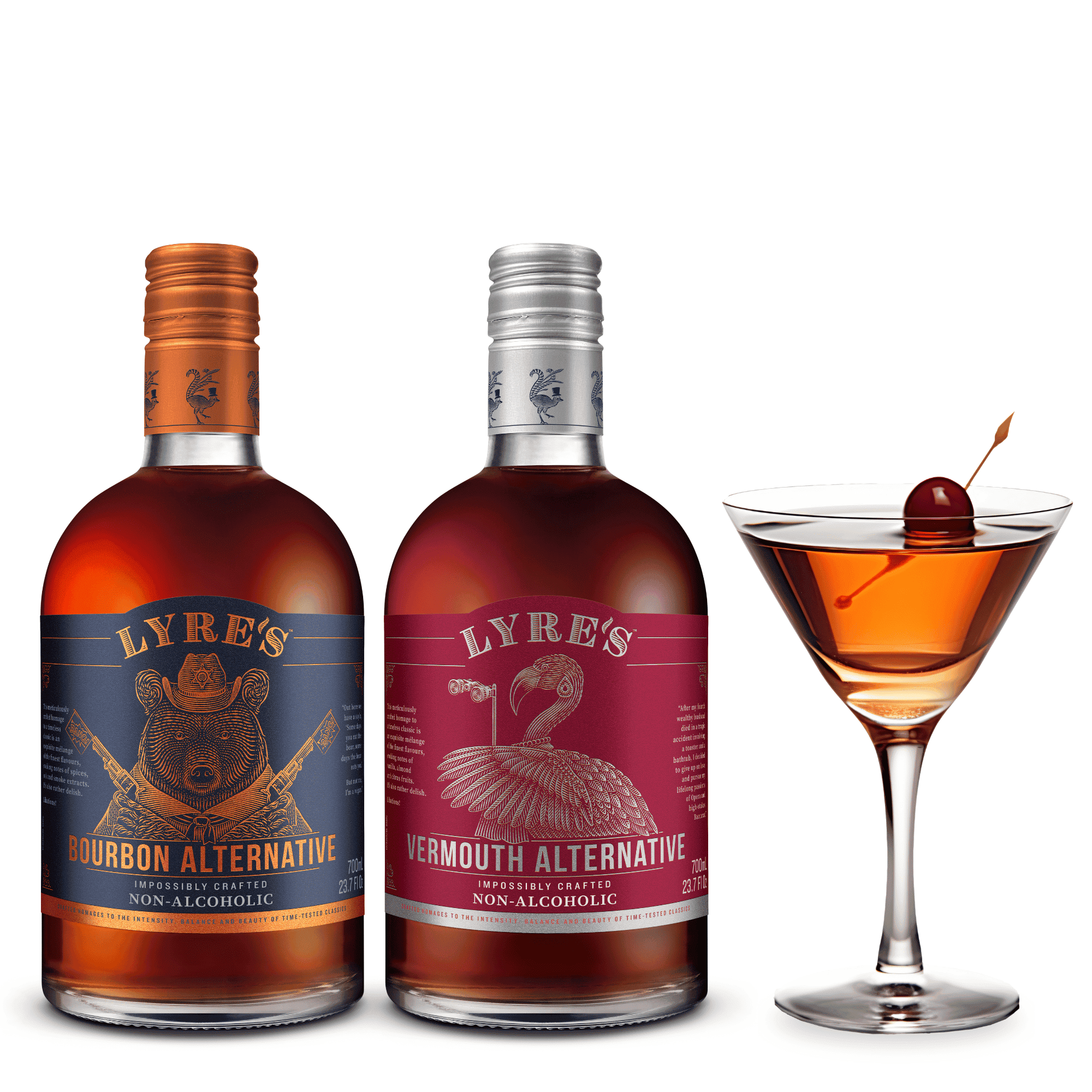 Two bottles of Lyre's non-alcoholic spirits with a cocktail in the foreground on a white background.