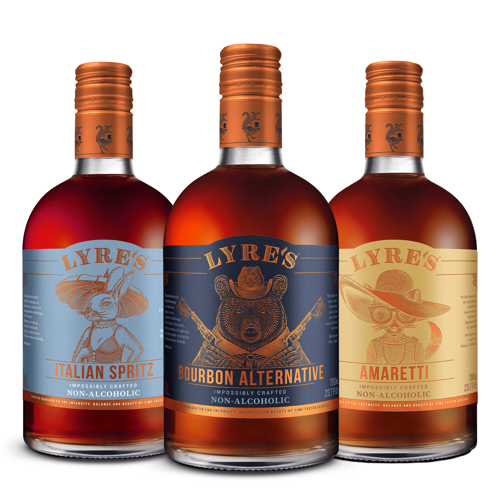 Masters set consisting of three bottles of Lyre's non-alcoholic spirits with different flavors on a white background