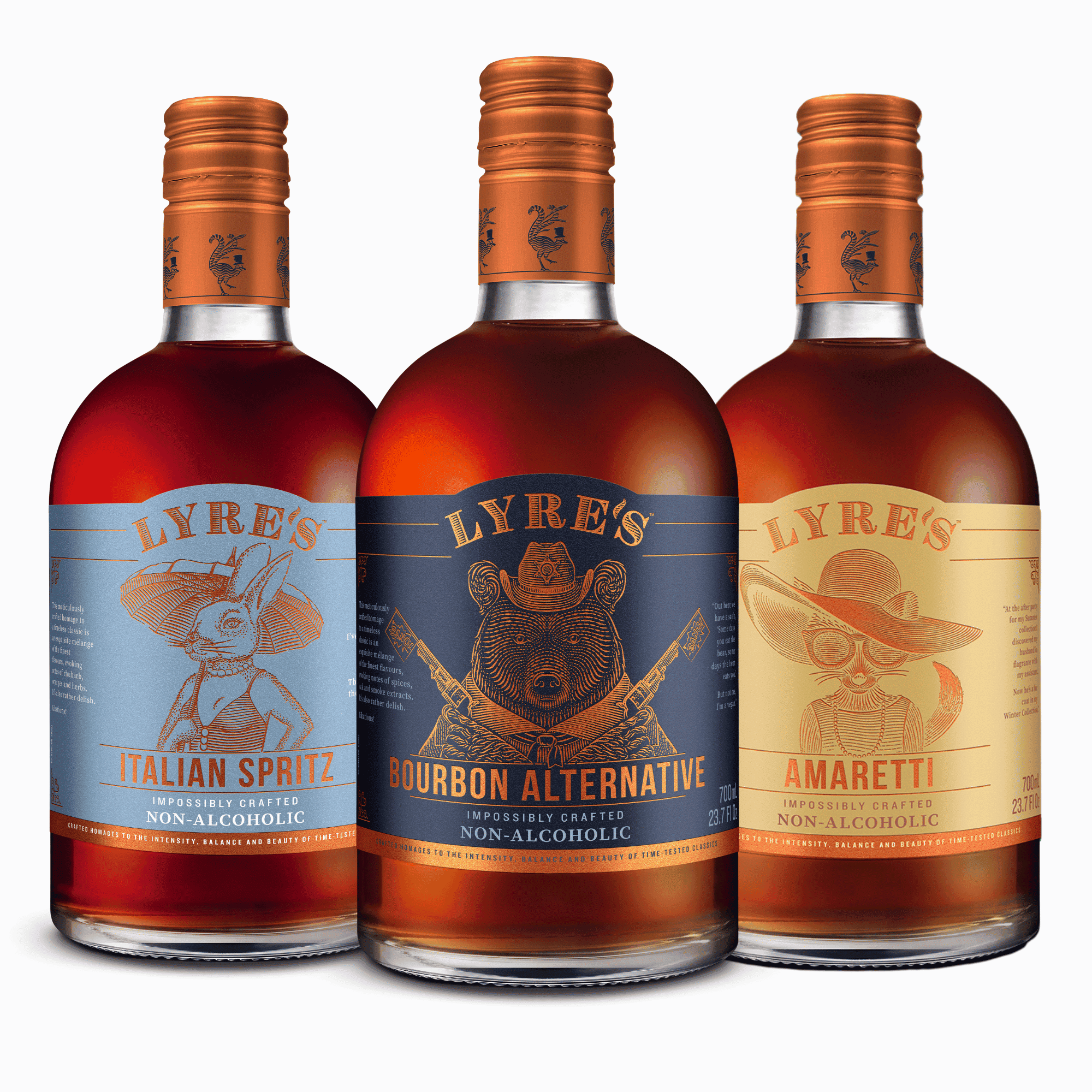 Three bottles of Lyre's non-alcoholic spirits on a white background