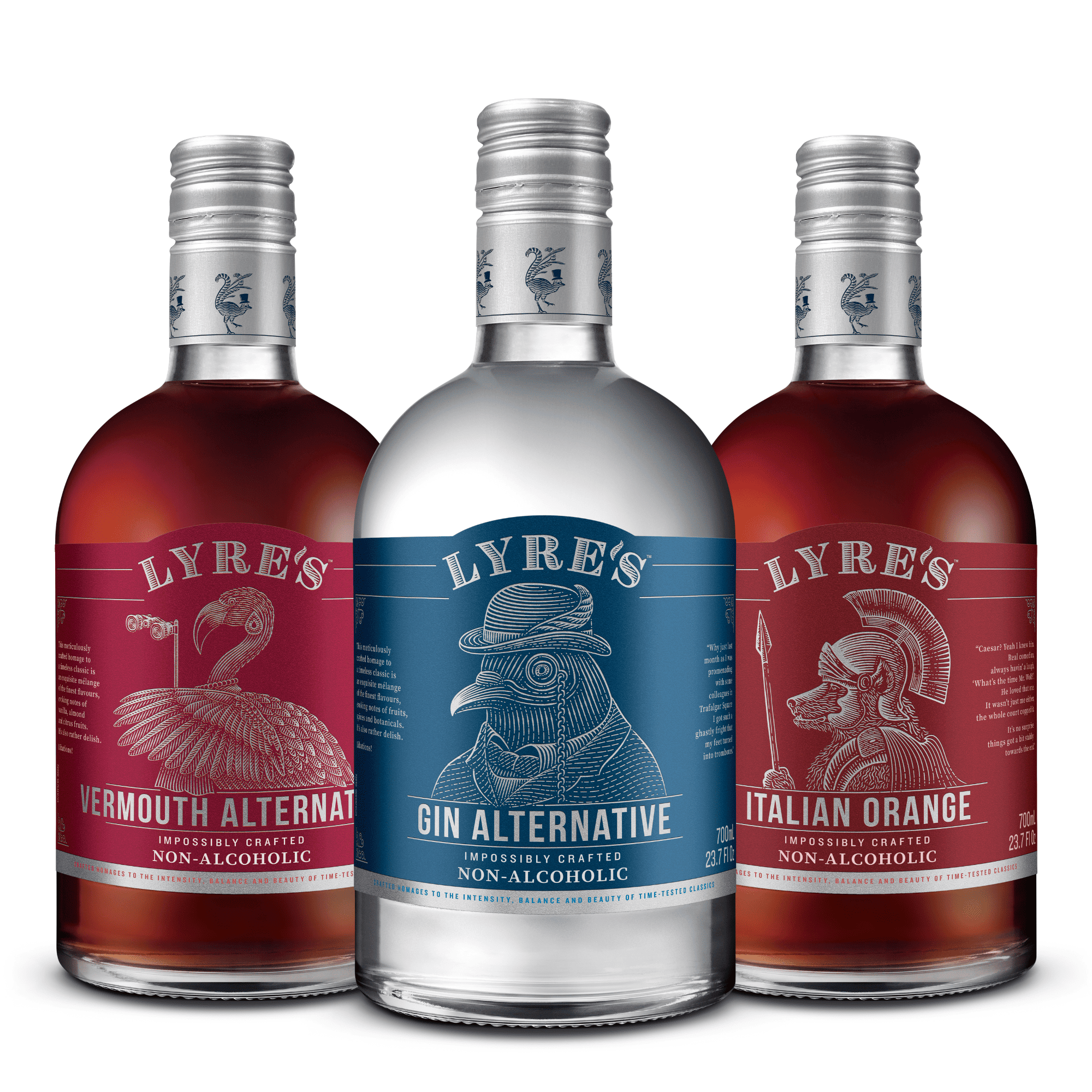 Negroni set consisting of three bottles of Lyre's non-alcoholic spirits with different labels on a white background