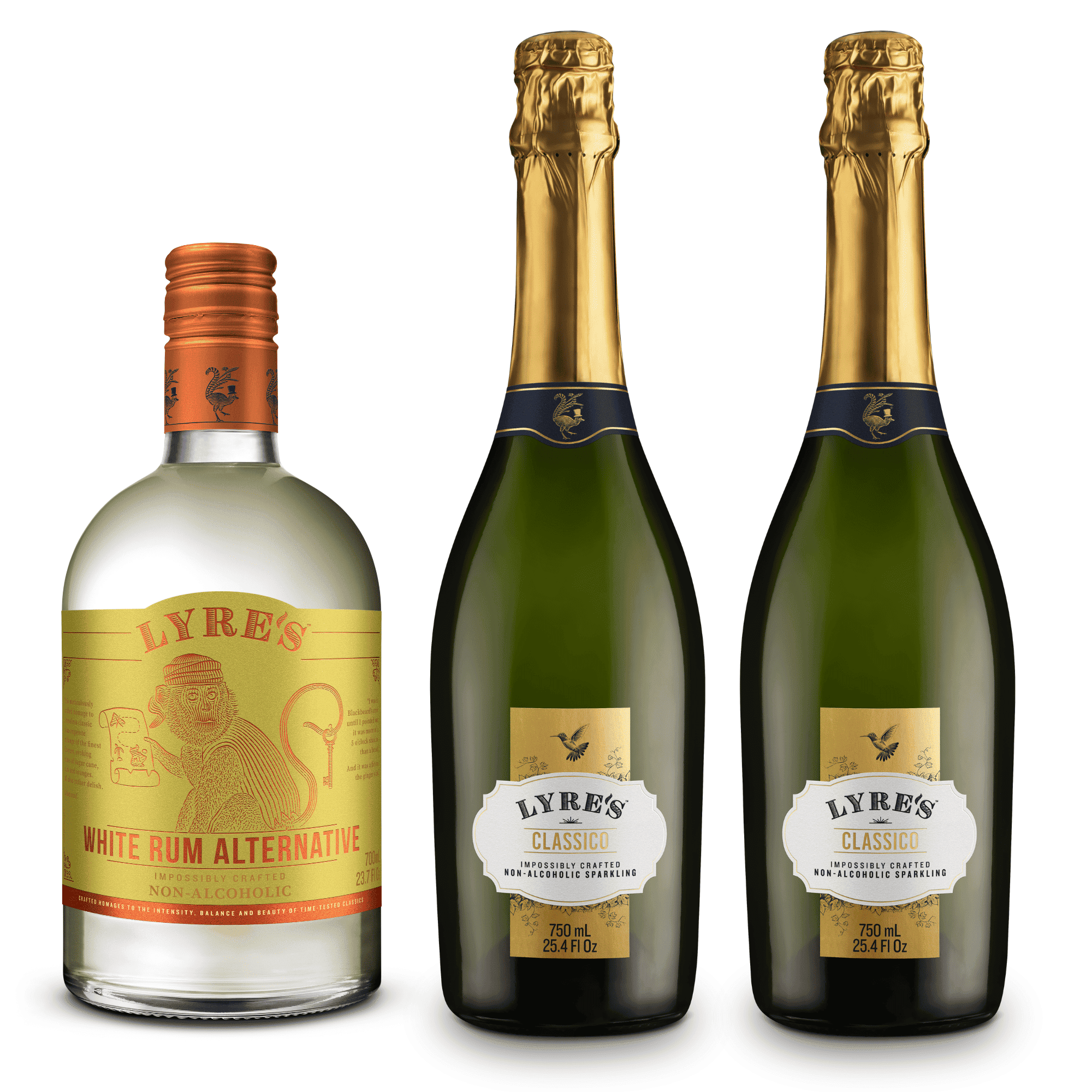 Two bottles of Lyre's Classico non-alcoholic sparkling with a bottle of non alcoholic White Rum Alternative to the left hand side on a white background.