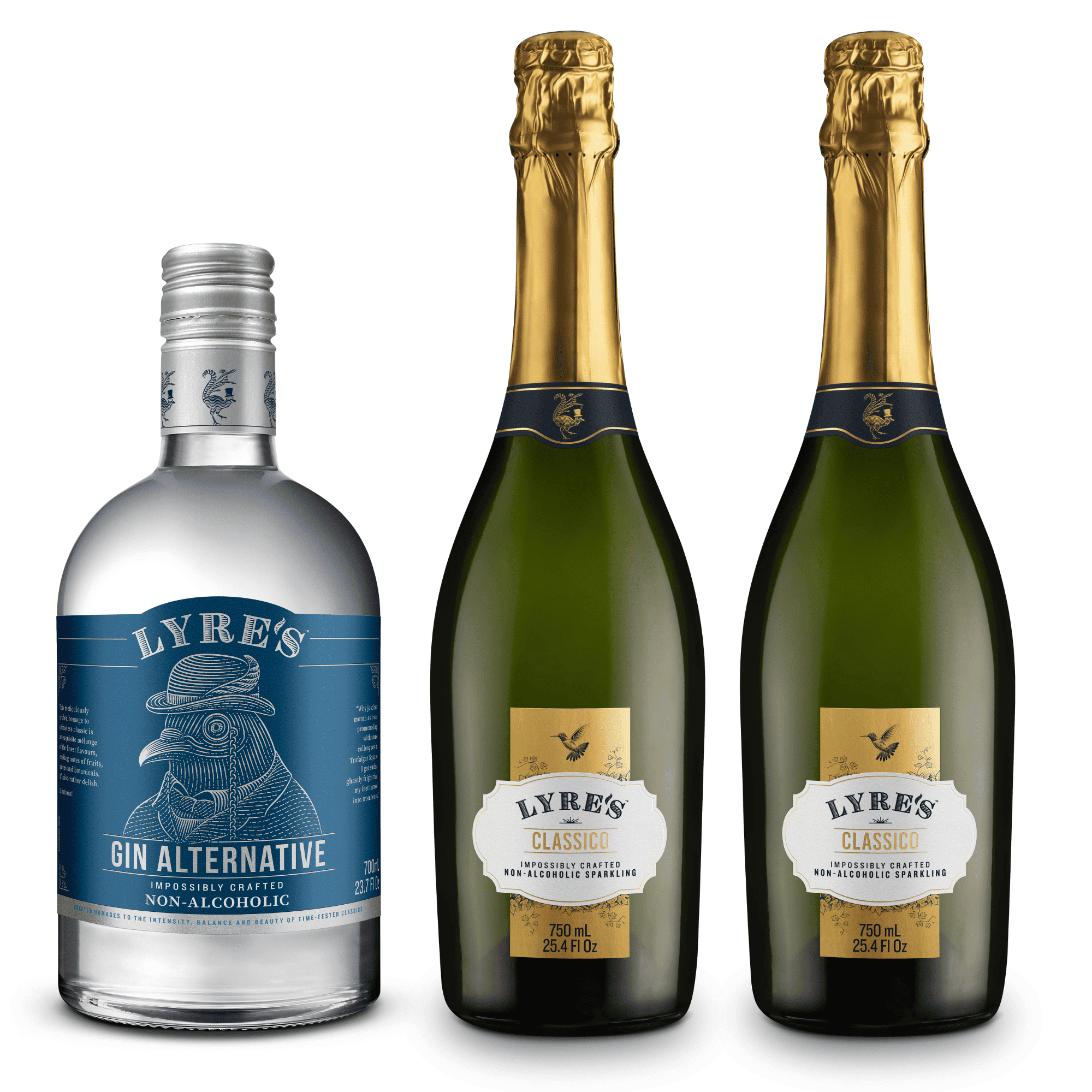 Two bottles of Lyre's Classico non-alcoholic sparkling with a bottle of non alcoholic Gin Alternative to the left hand side on a white background.