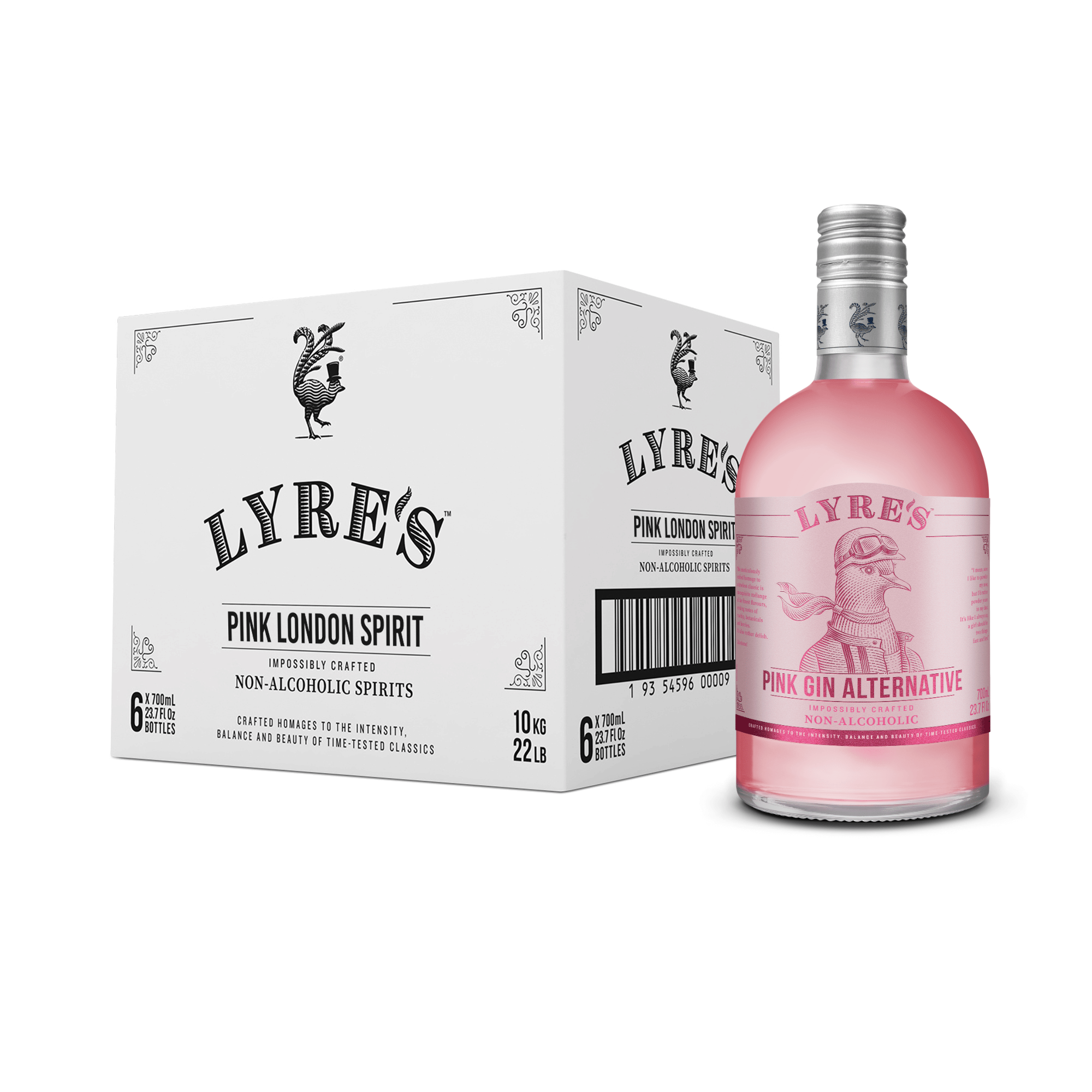 Pink bottle of Lyre's Pink London Spirit with packaging on a white background
