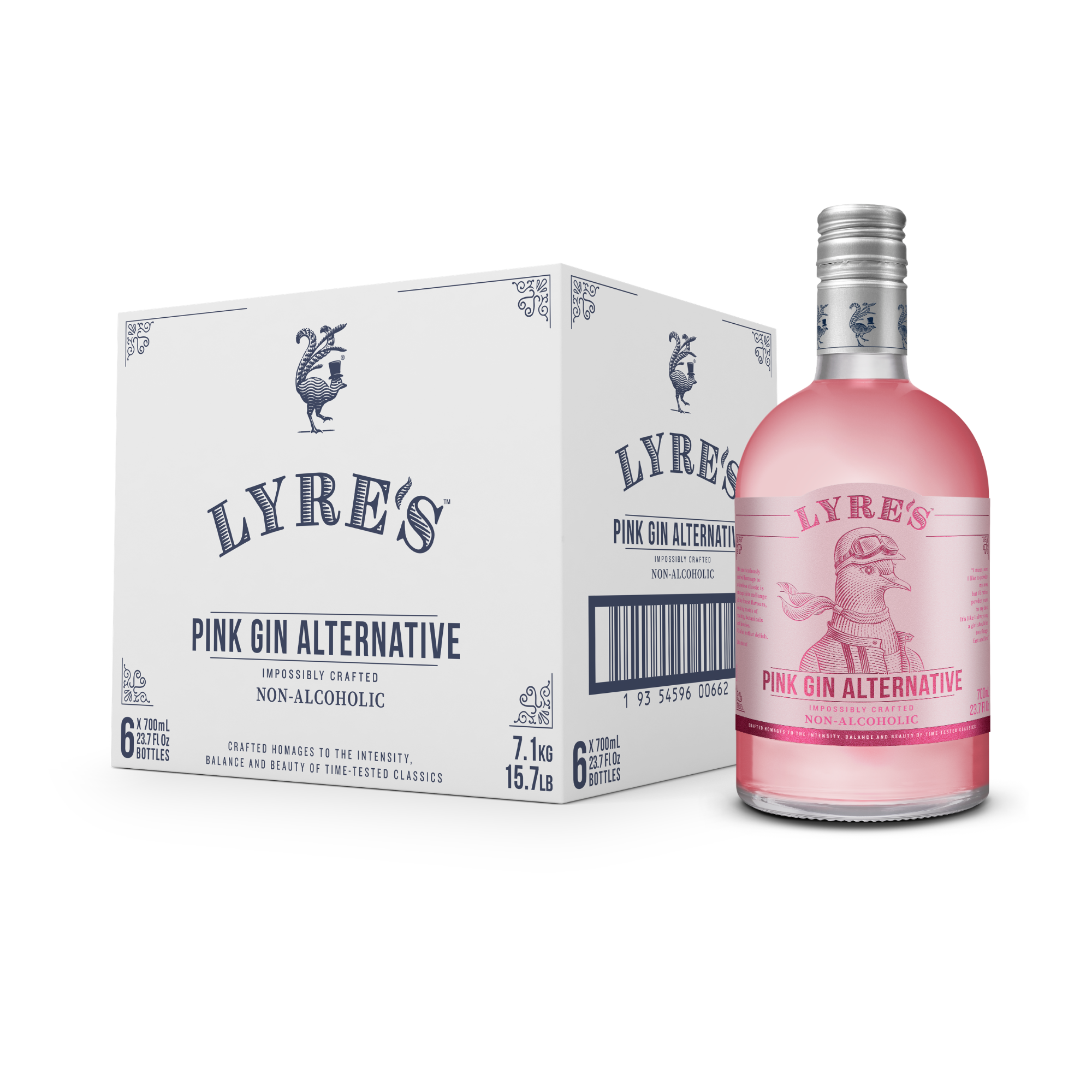 Pink bottle of Lyre's Pink Gin Alternative with packaging on a white background