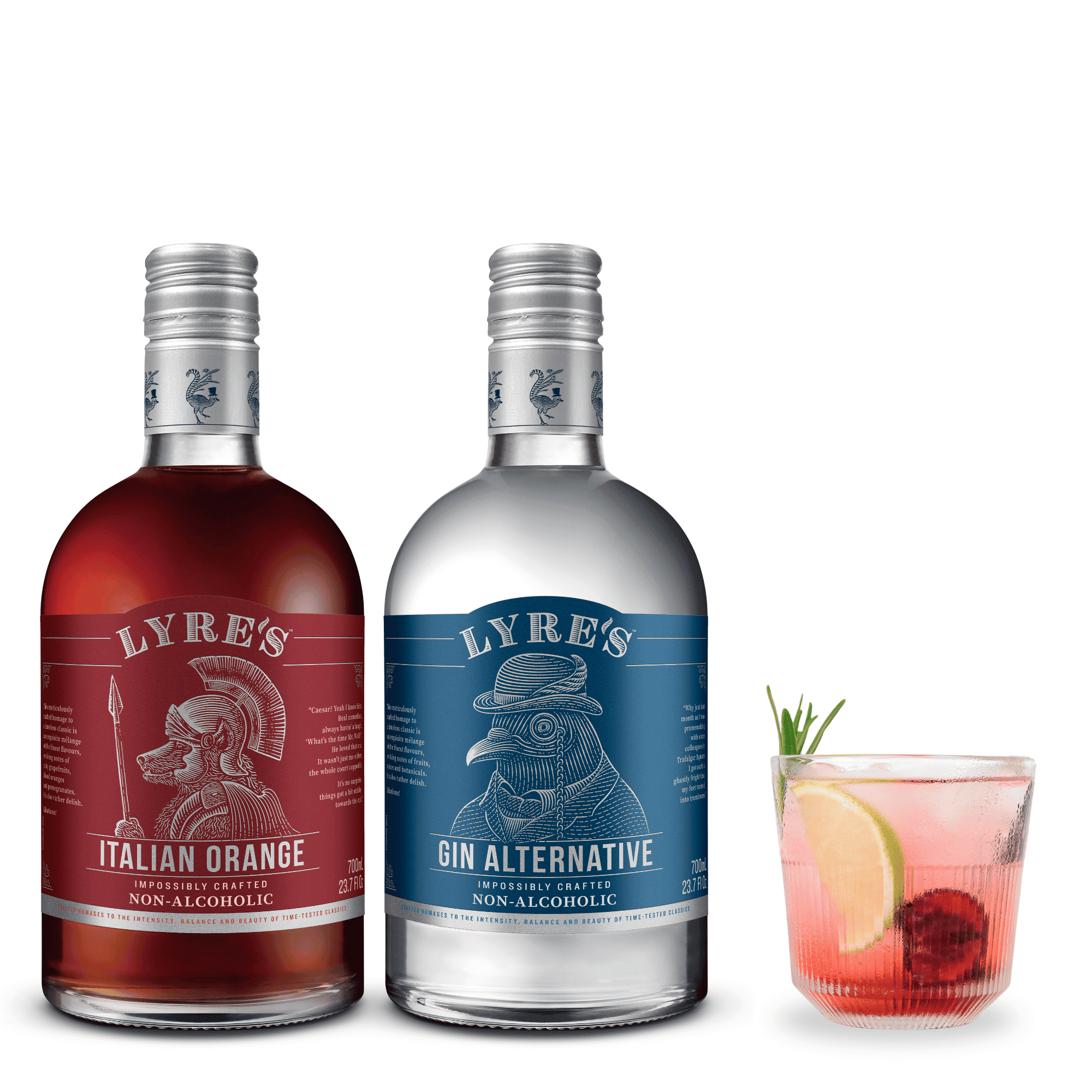 Two bottles of Lyre's non-alcoholic spirits with a cocktail in the foreground on a white background.