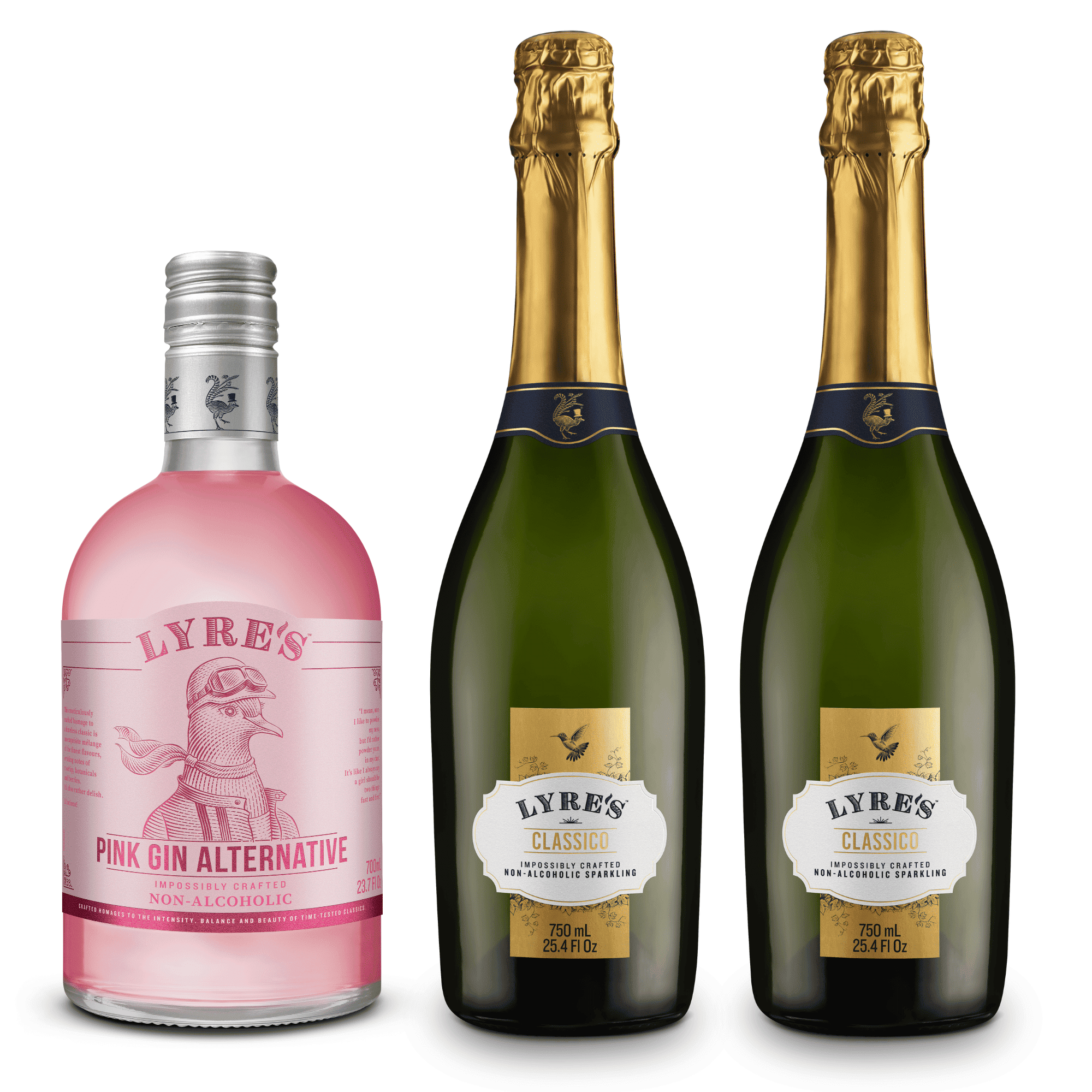 Two bottles of Lyre's Classico non-alcoholic sparkling with a bottle of non alcoholic Pink Gin Alternative to the left hand side on a white background.