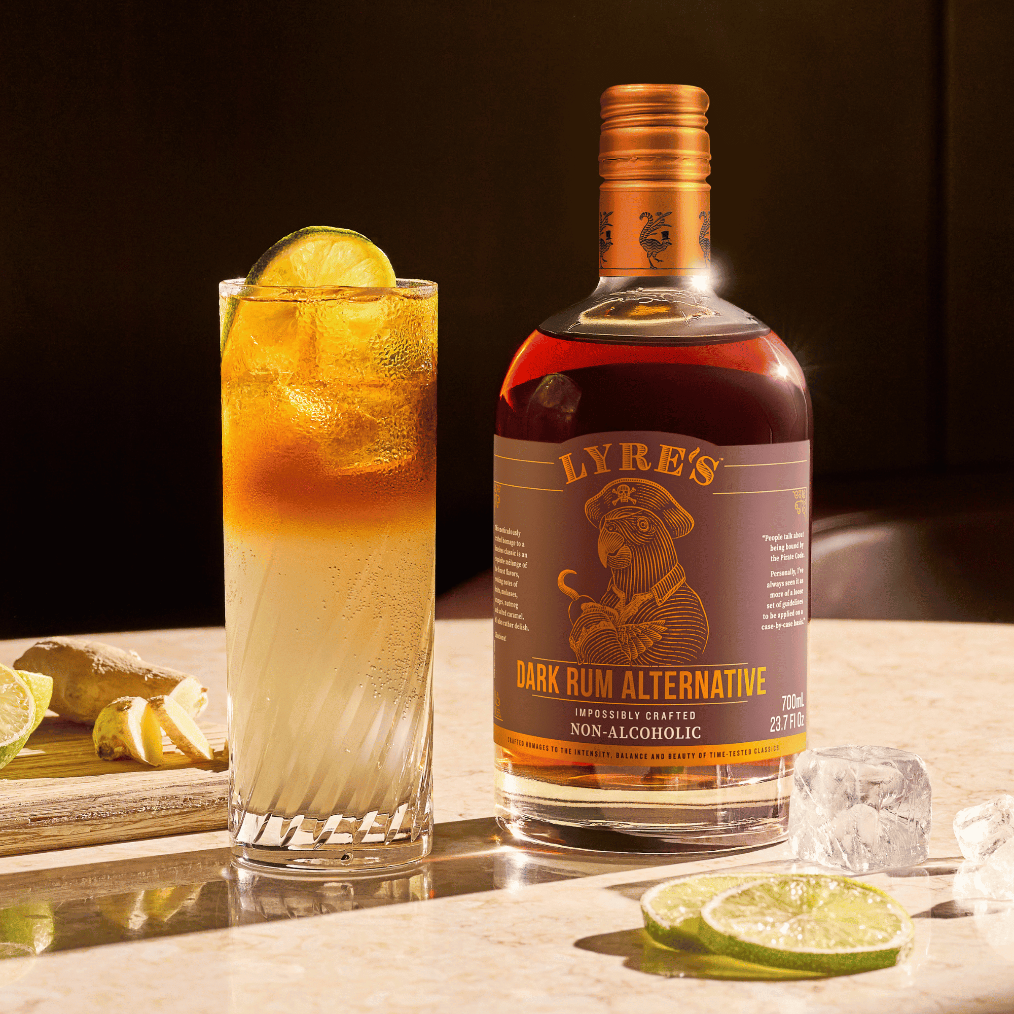 Lyre's Dark Rum Alternative bottle with a Dark and Stormy mocktail on a wooden surface