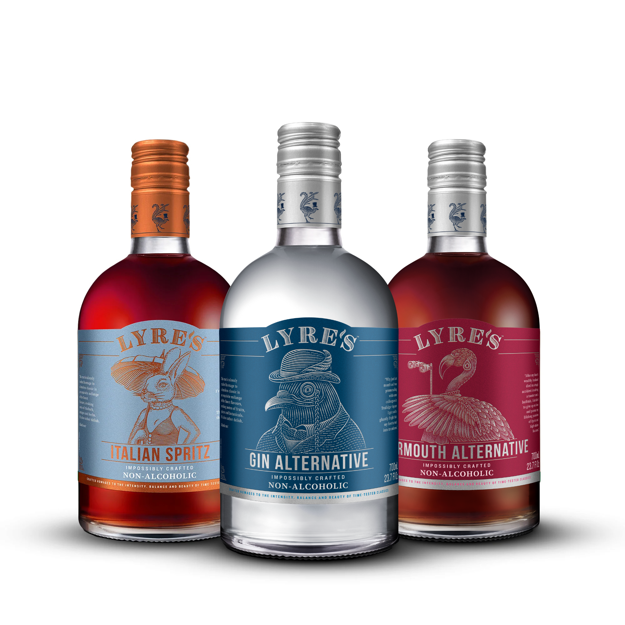 Three bottles of Lyre's non-alcoholic beverages on a white background