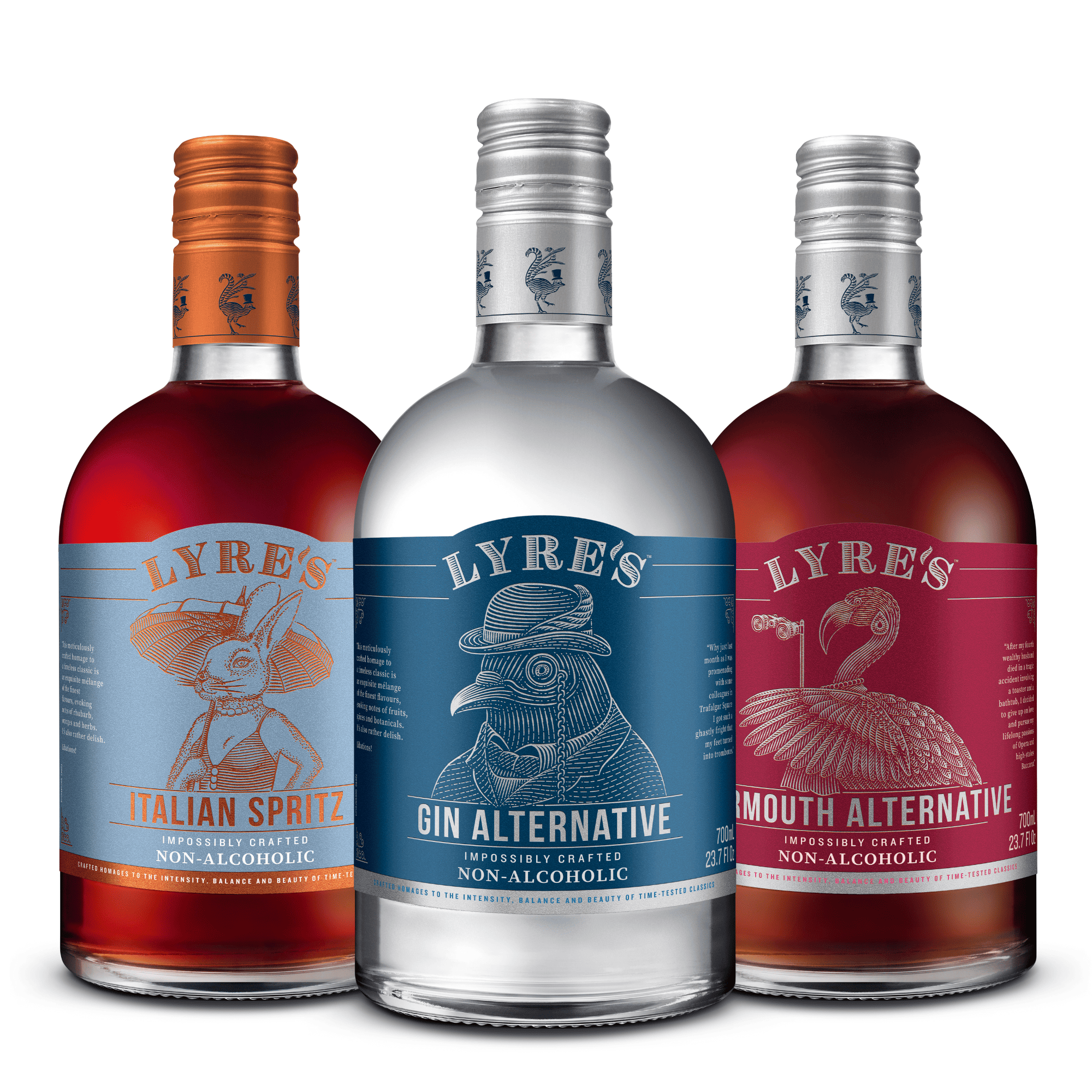 Rosa Negroni set consisting of three bottles of Lyre's non-alcoholic spirits with their respective labels on a white background.