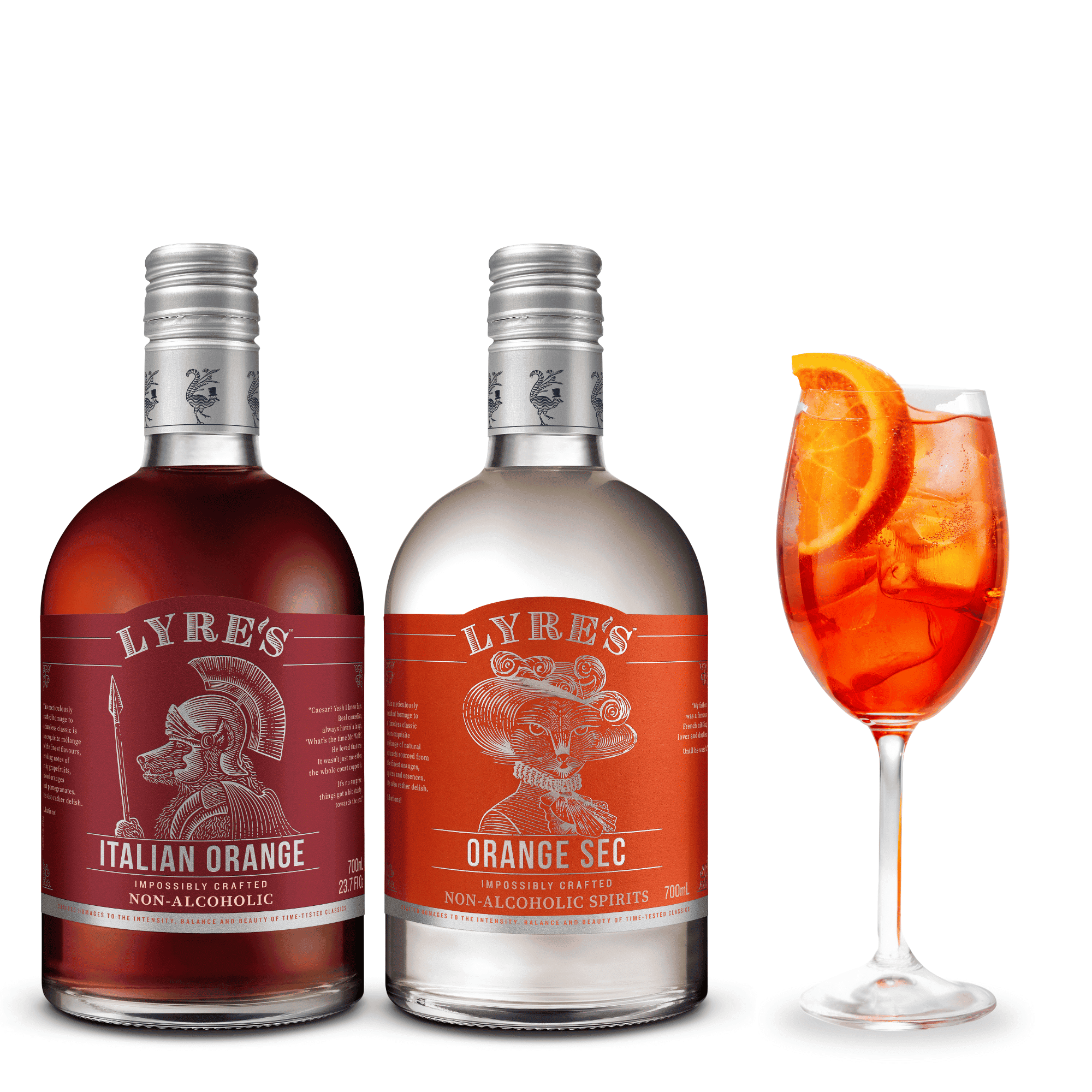 Two bottles of Lyre's non-alcoholic spirits with a cocktail in the foreground on a white background.