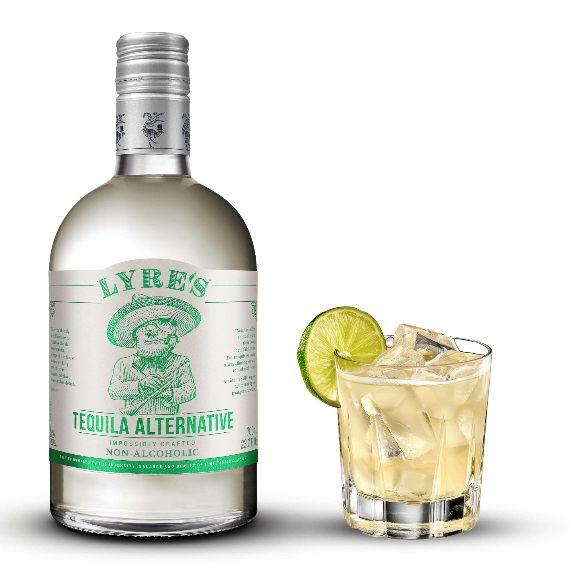 Lyre's Tequila Alternative bottle with a glass of zero proof margarita on a white background