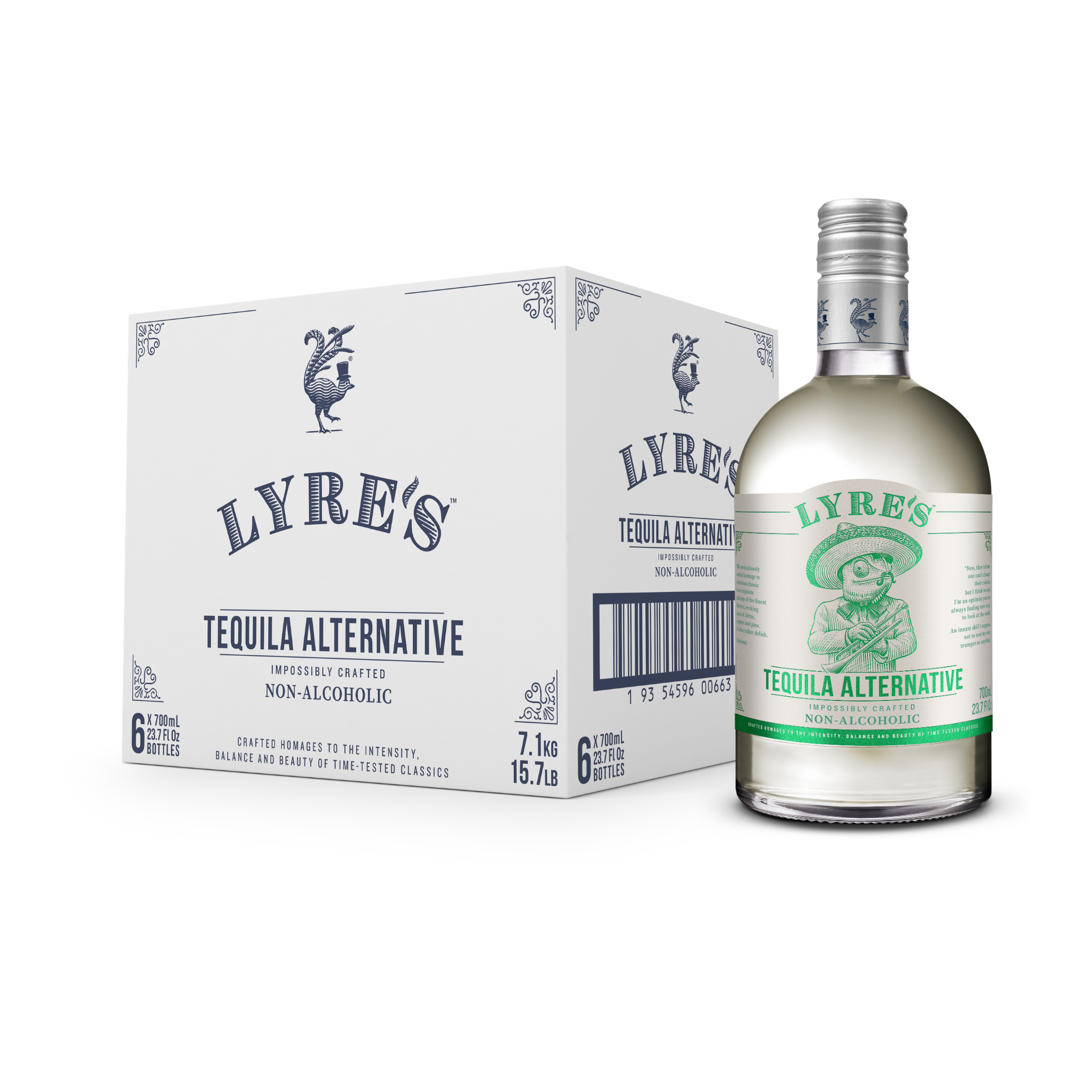 Lyre's Tequila Alternative bottle and packaging on a white background