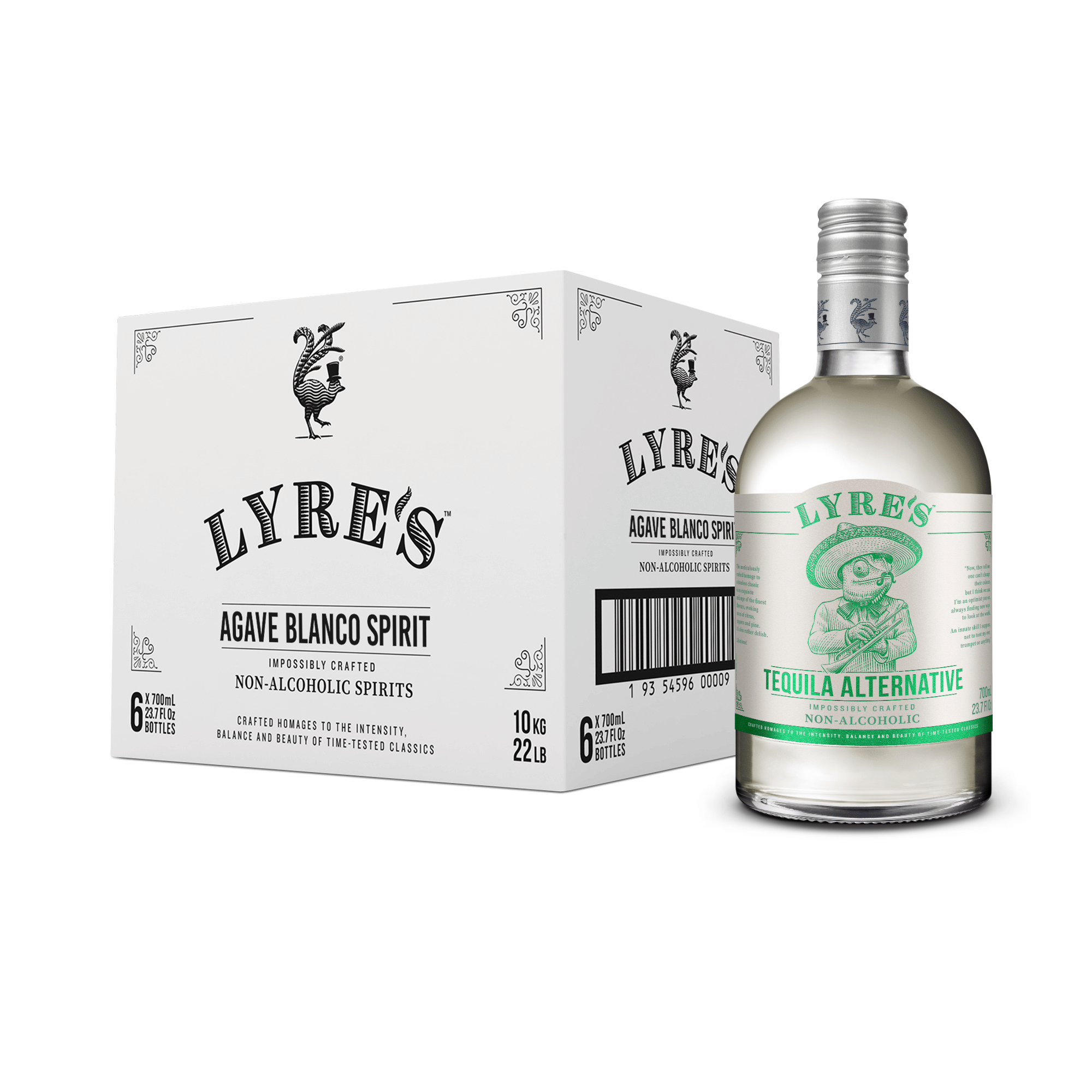 Lyre's Agave Blanco Spirit bottle and packaging on a white background