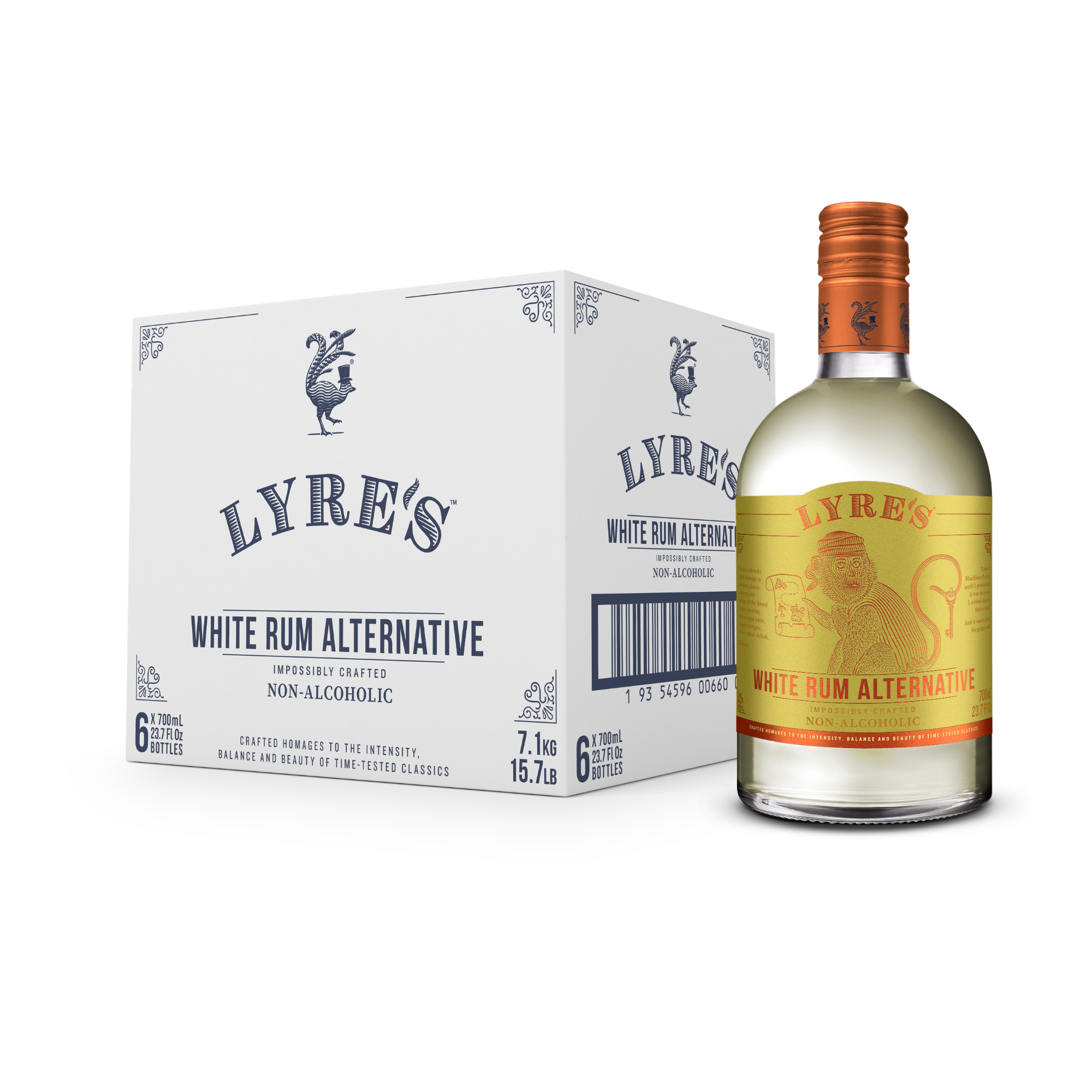 Lyre's White Rum Alternative bottle and packaging on a white background