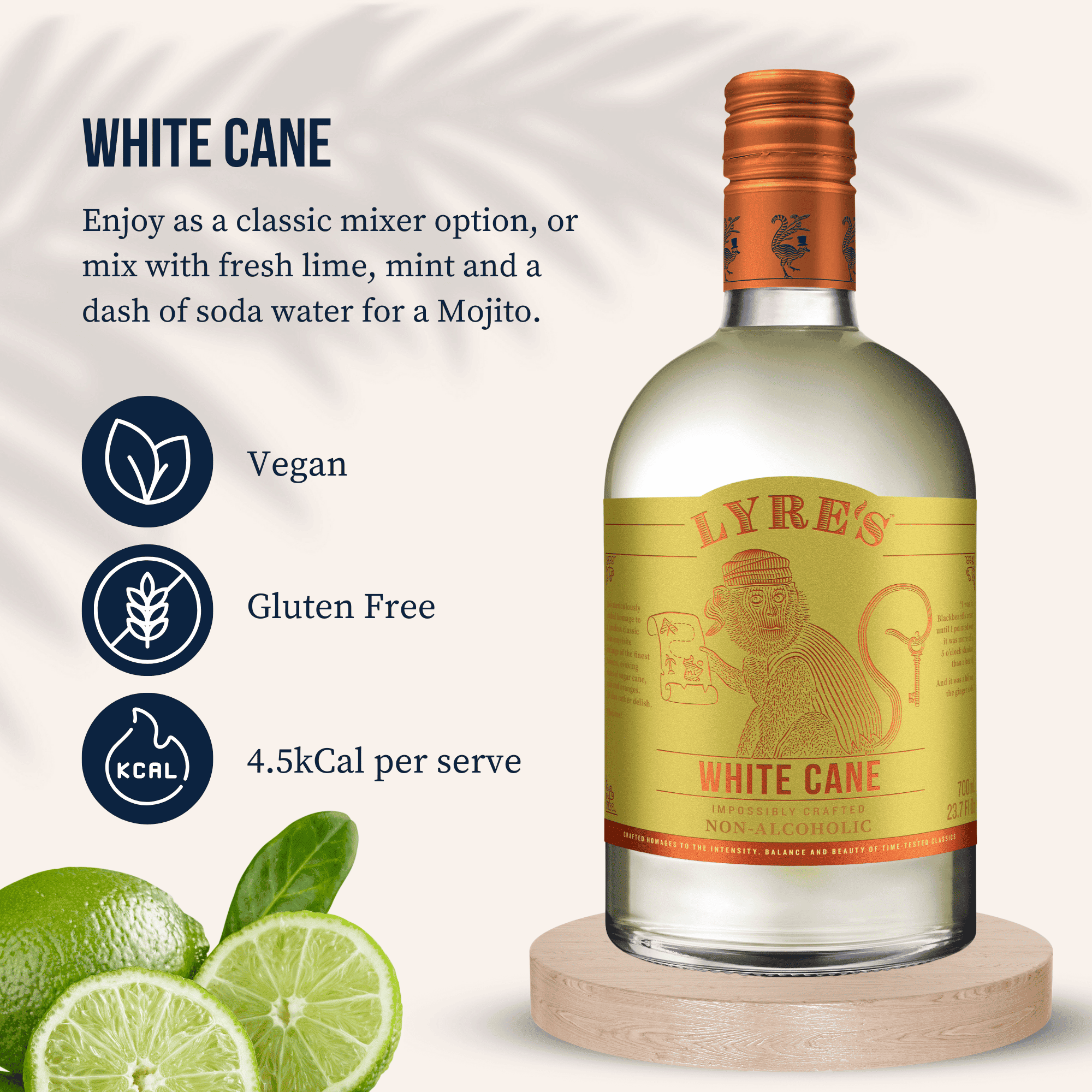Lyre's White Cane non-alcoholic with lime slices on a white background and key details about the product